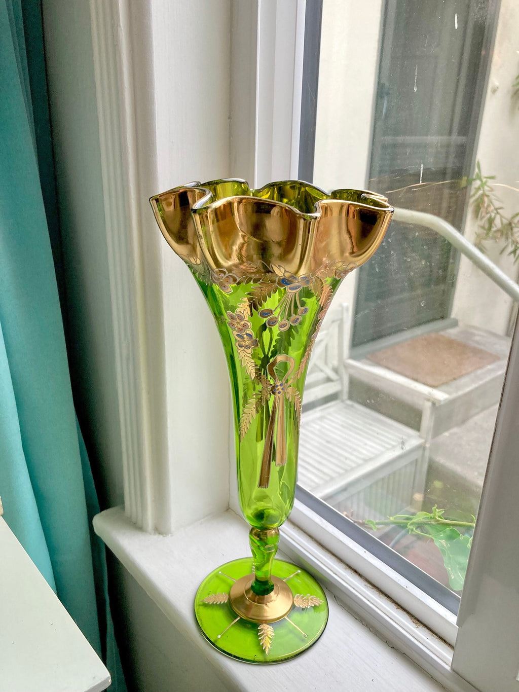 Bohemian Green Glass Ruffled Vase: Gilt Floral Hand-Painted Decor