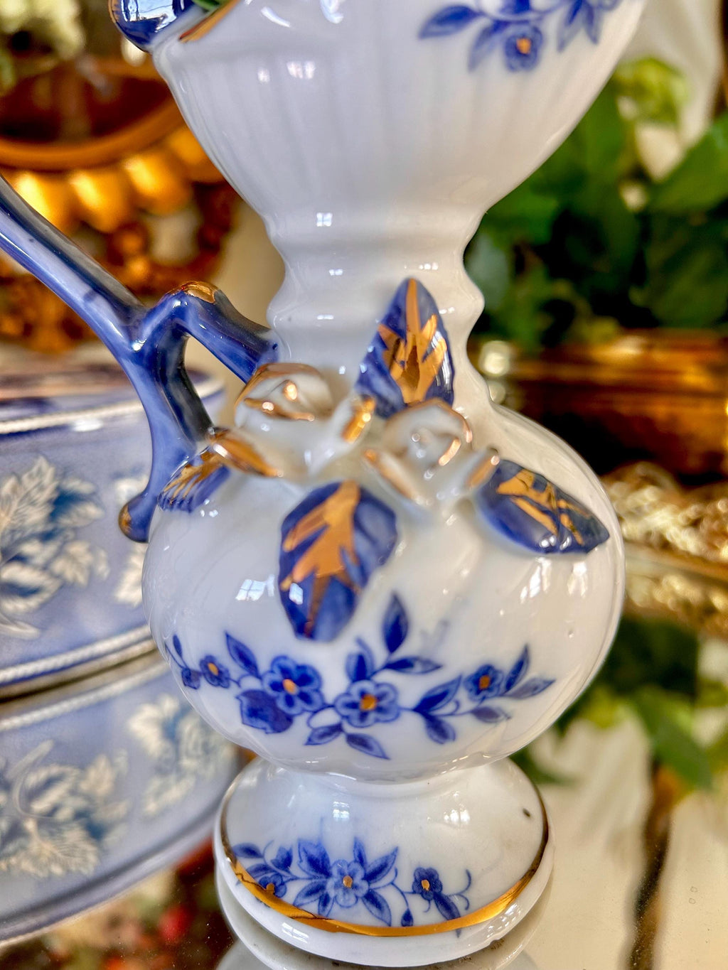 Vintage Brinns Blue and White Ceramic Ewer with Applied Roses