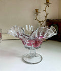 Vintage Westmoreland Crimped Edge Clear Glass Paneled Compote with Ruby Flashed Grapevines Pattern