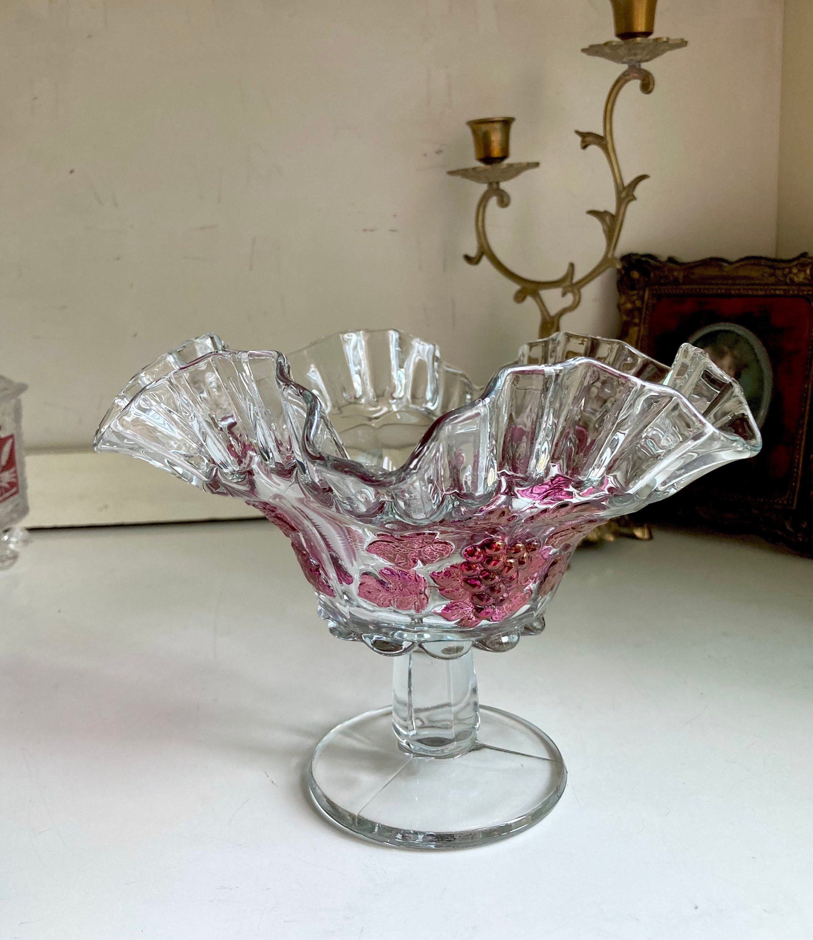 Vintage Westmoreland Crimped Edge Clear Glass Paneled Compote with Ruby Flashed Grapevines Pattern