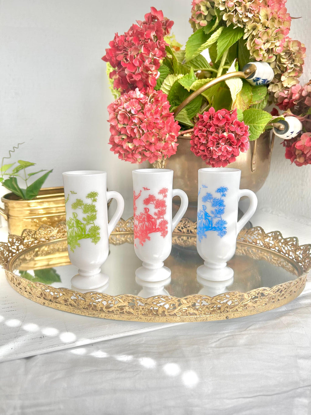 Vintage AVON Milk Glass Demitasse Cups with Colonial Toile
