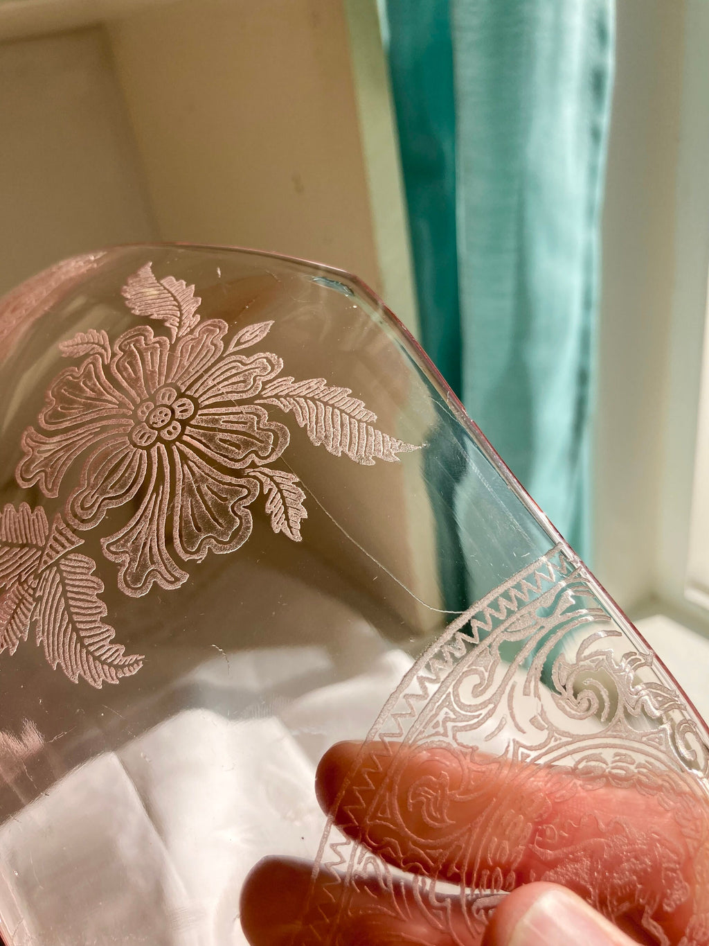 Pink Depression Glass Bowl - Etched Flowers, Dancing Nudes, Octagonal