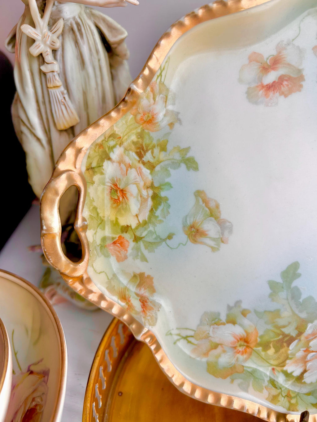 Antique Royal Rudolstadt Prussia Porcelain Tray: Hand-Painted, Gold Trim