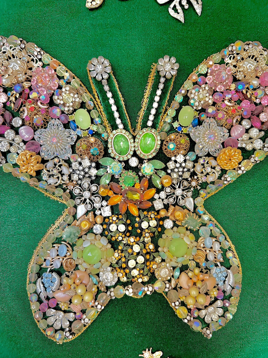 Vintage Kitsch Butterfly Art: Velvet, Baubles & Rhinestones in Ornate Gold Frame