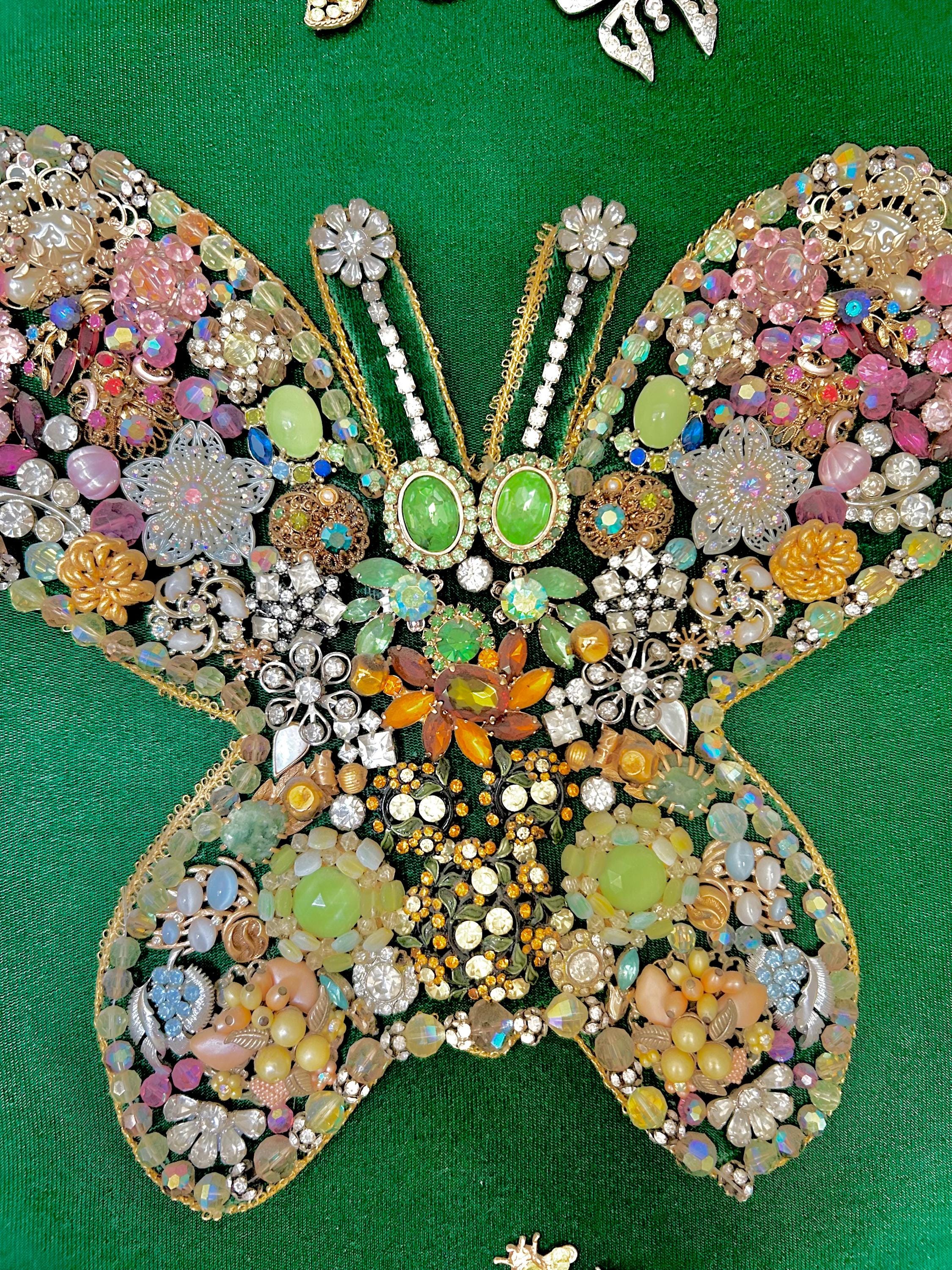 Vintage Kitsch Butterfly Art: Velvet, Baubles & Rhinestones in Ornate Gold Frame
