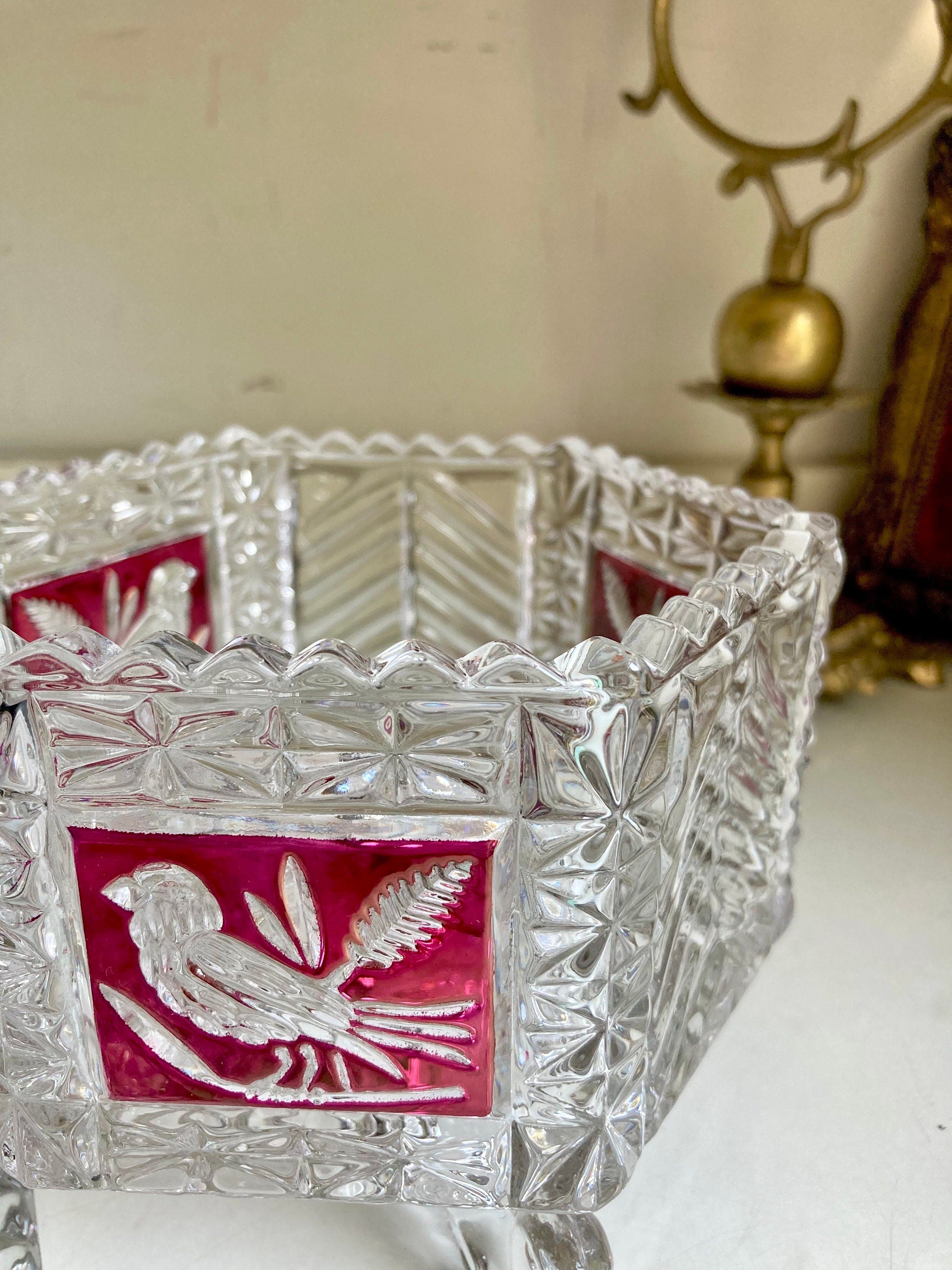 Hofbauer Red Flashed Byrde Crystal Collection Lidded Candy Dish with Bird Feet and Handle