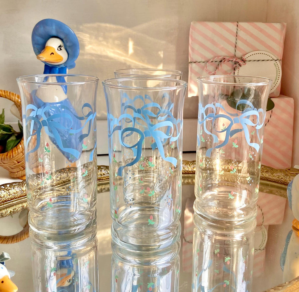 Vintage Libbey Glassware Set: Blue Ribbon & Rose Floral Glasses