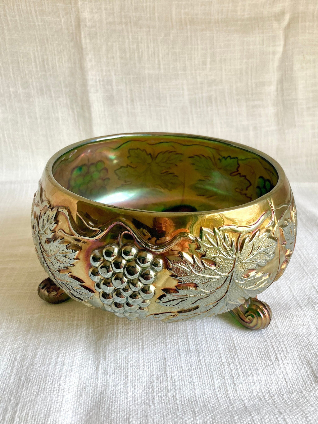 Vintage Fenton green Emerald Carnival Glass Three Footed Grape Vine Bowl - Fair Condition - a Beauty!