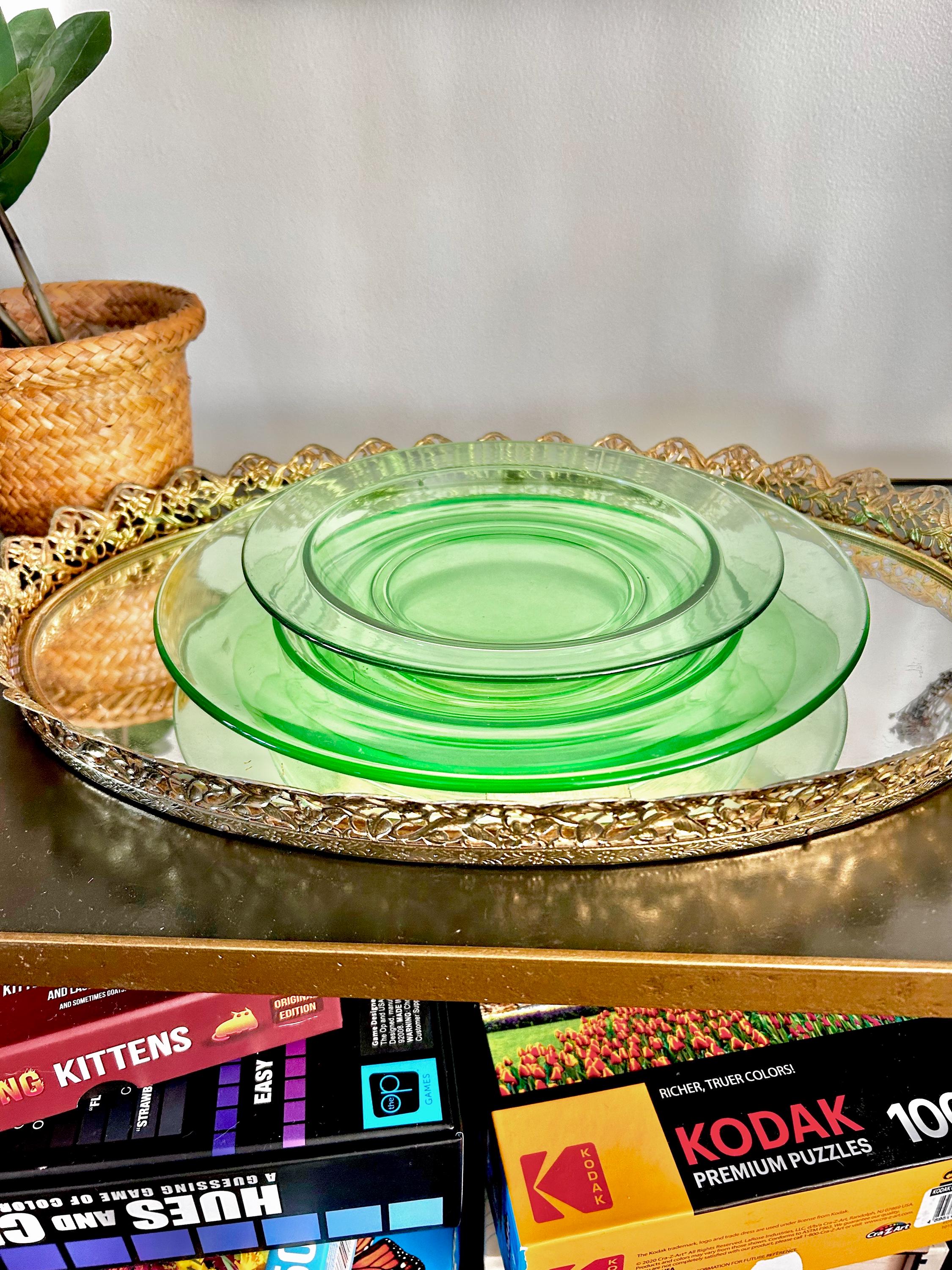 Vintage Uranium Green Heavy Pressed Glass Two-piece Dining Set