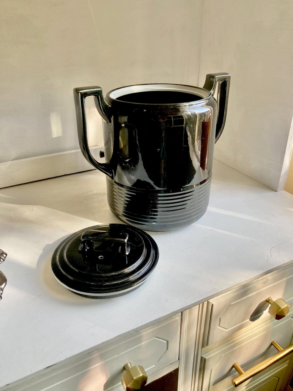 Vintage Art Deco Black Ceramic Beverage Dispenser - Hall China Co, USA