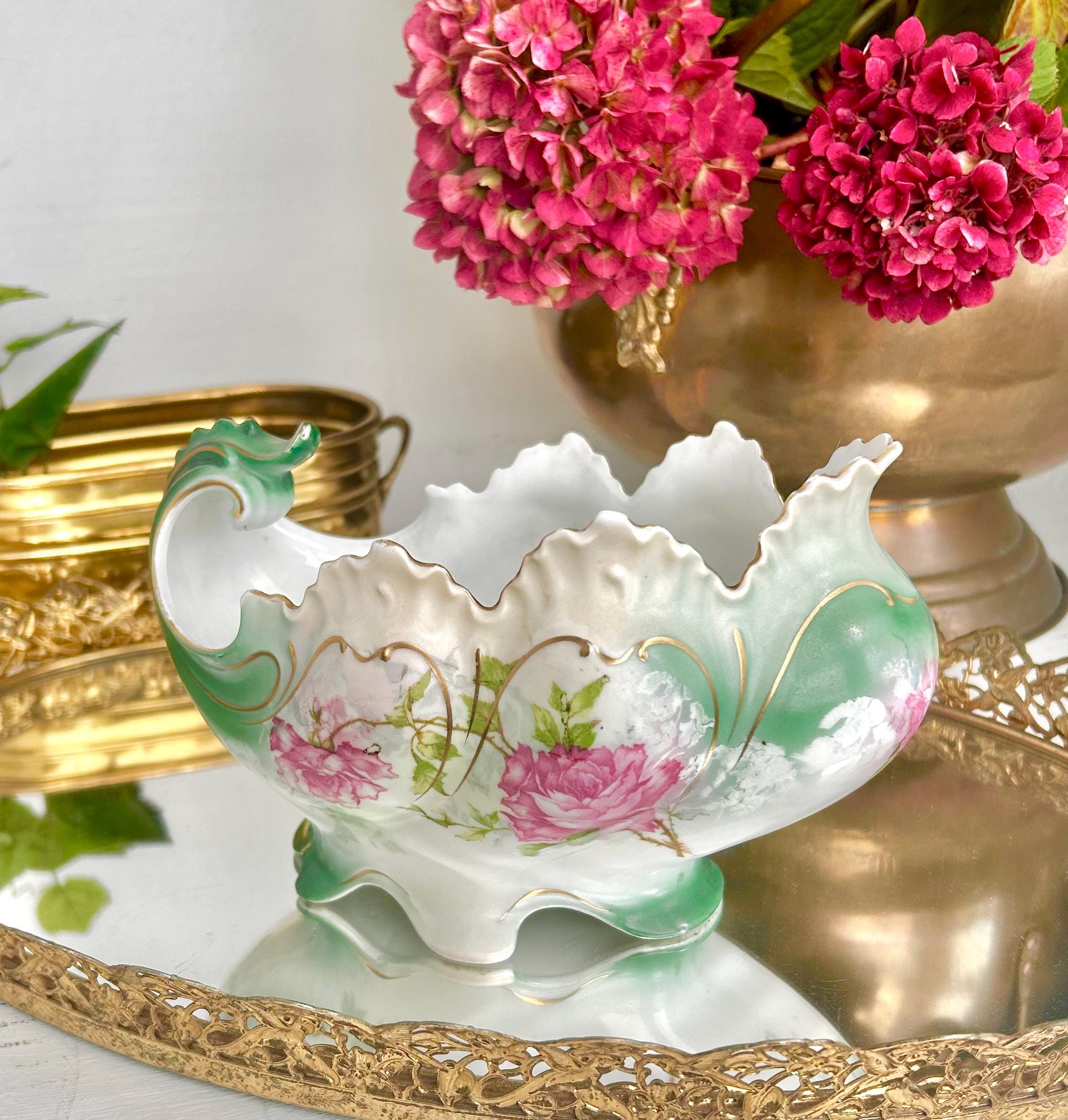 Art Nouveau Porcelain Gravy Boat: New Habsburg Austria, Teal Roses, Gold Trim