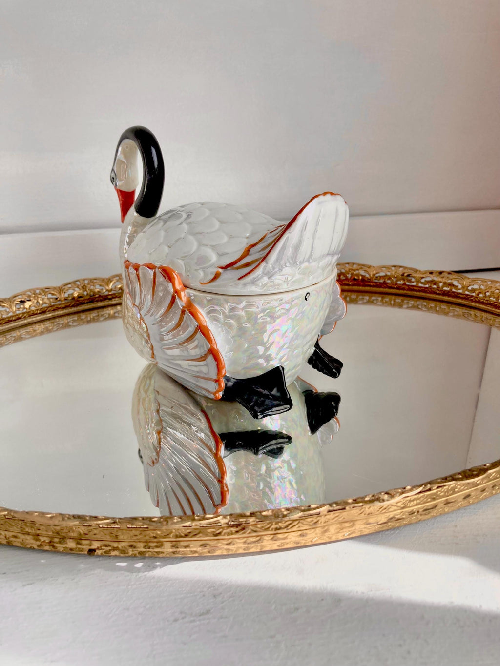 Vintage Lusterware Swan Dish: Gold Castle Ceramic Container, Japan