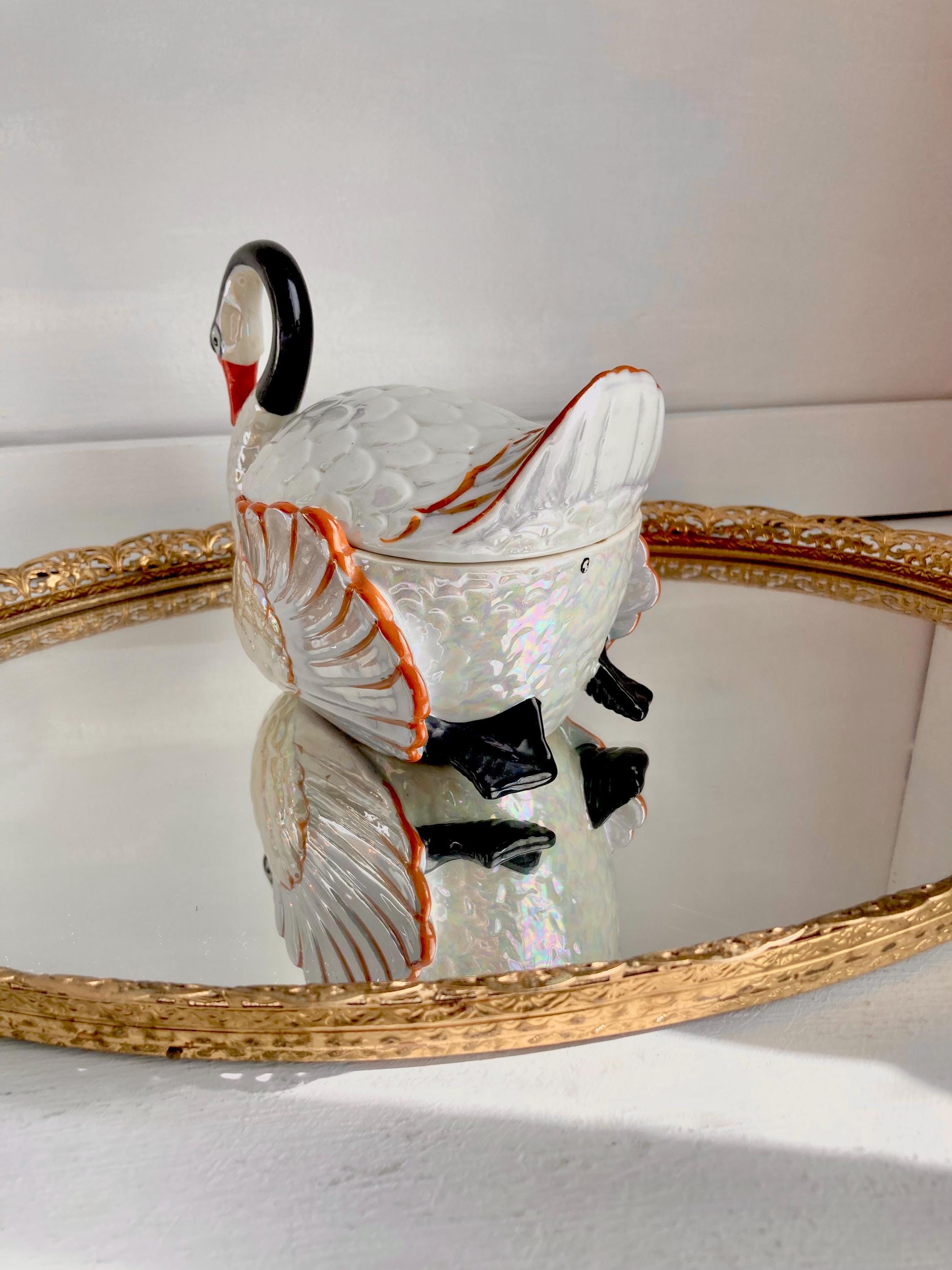Vintage Lusterware Swan Dish: Gold Castle Ceramic Container, Japan