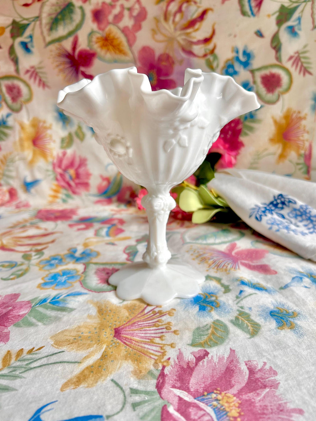 Vintage Fenton Milk Glass Compote, Rosebud Relief, Ruffled Edge