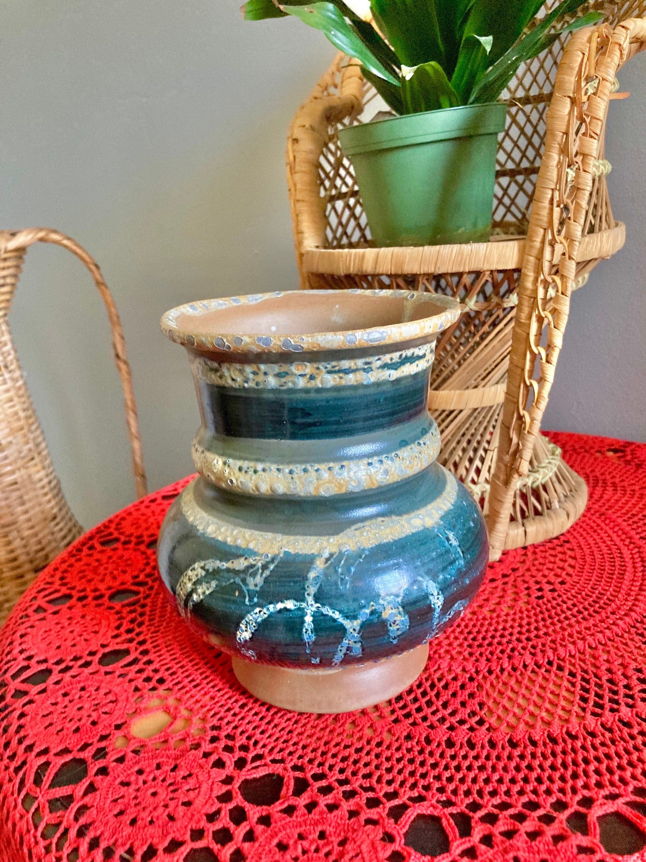 Ceramic Thrown Pottery Vase in Earth tones and a Deep Sea-green Glaze