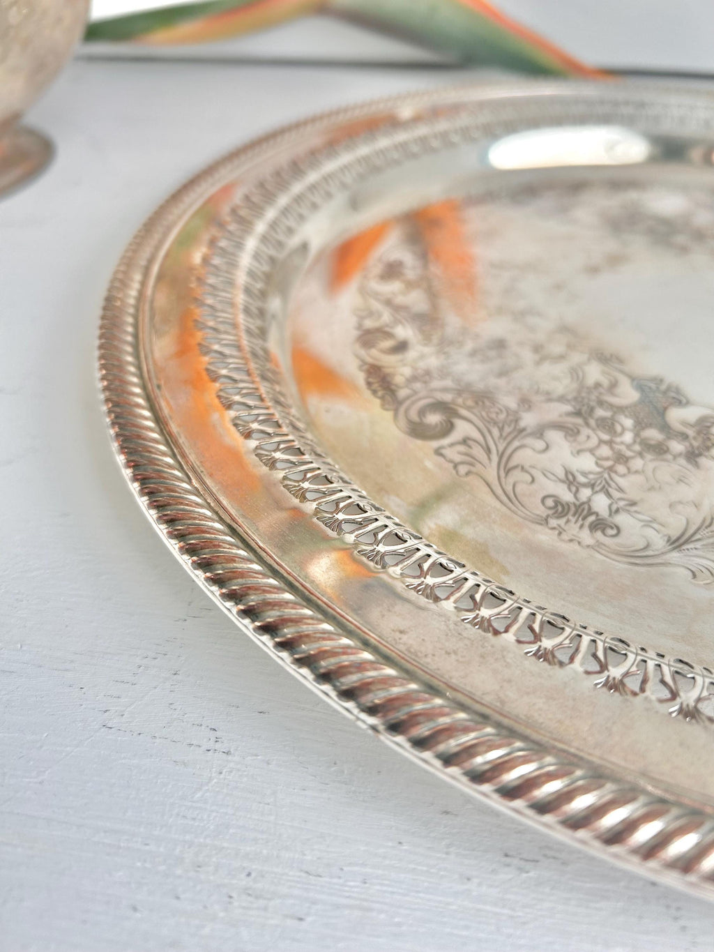 Vintage International Silver Co. Silverplated Platter: Perforated Rim, 12 inch