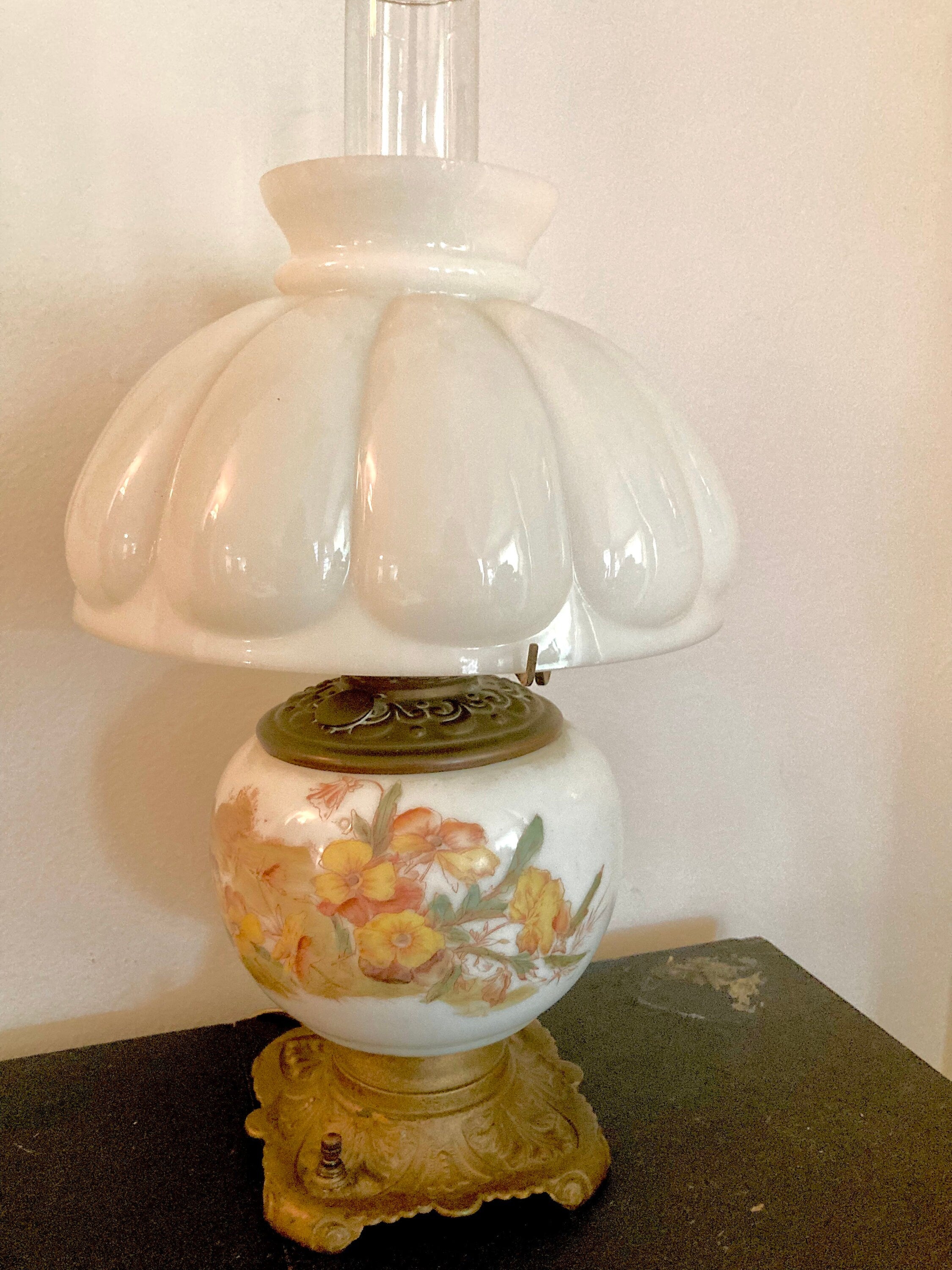 Vintage Floral Milk Glass Lamp - Converted Brass Oil Lamp