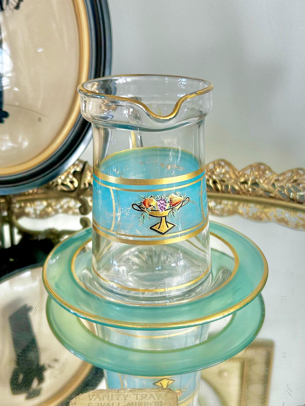 Vintage Hand-painted Small Glass Pitcher/Creamer with Under-plate, Blue and Gold Trim