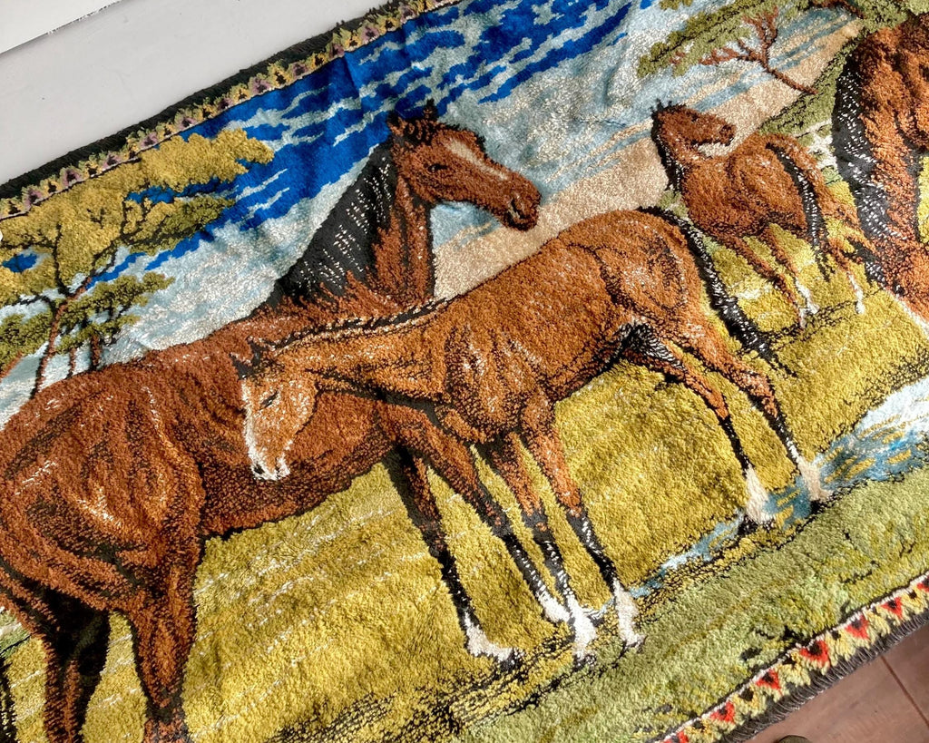 Vintage Italian Horse Tapestry: Kitsch Western Wall Hanging