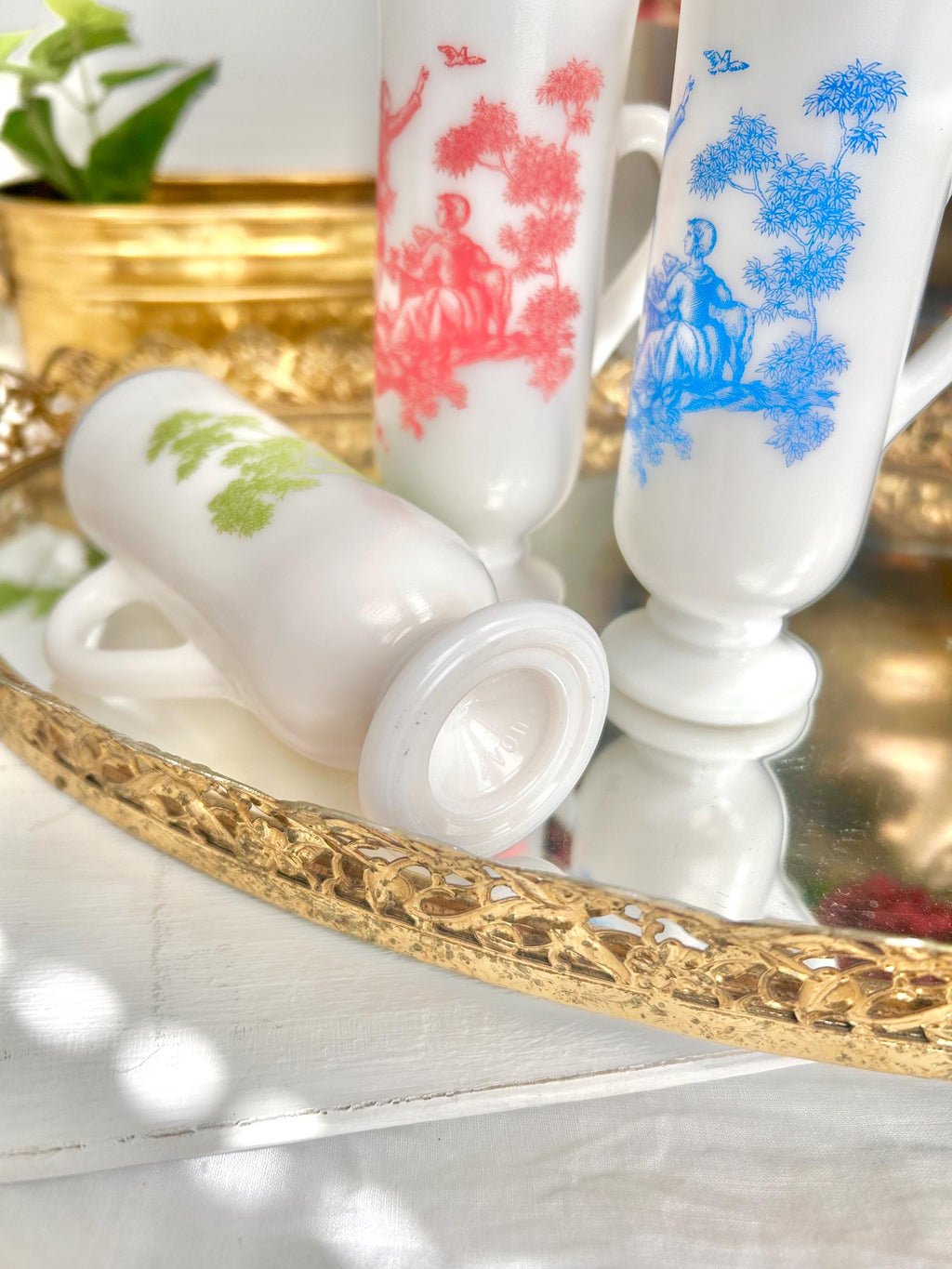 Vintage AVON Milk Glass Demitasse Cups with Colonial Toile