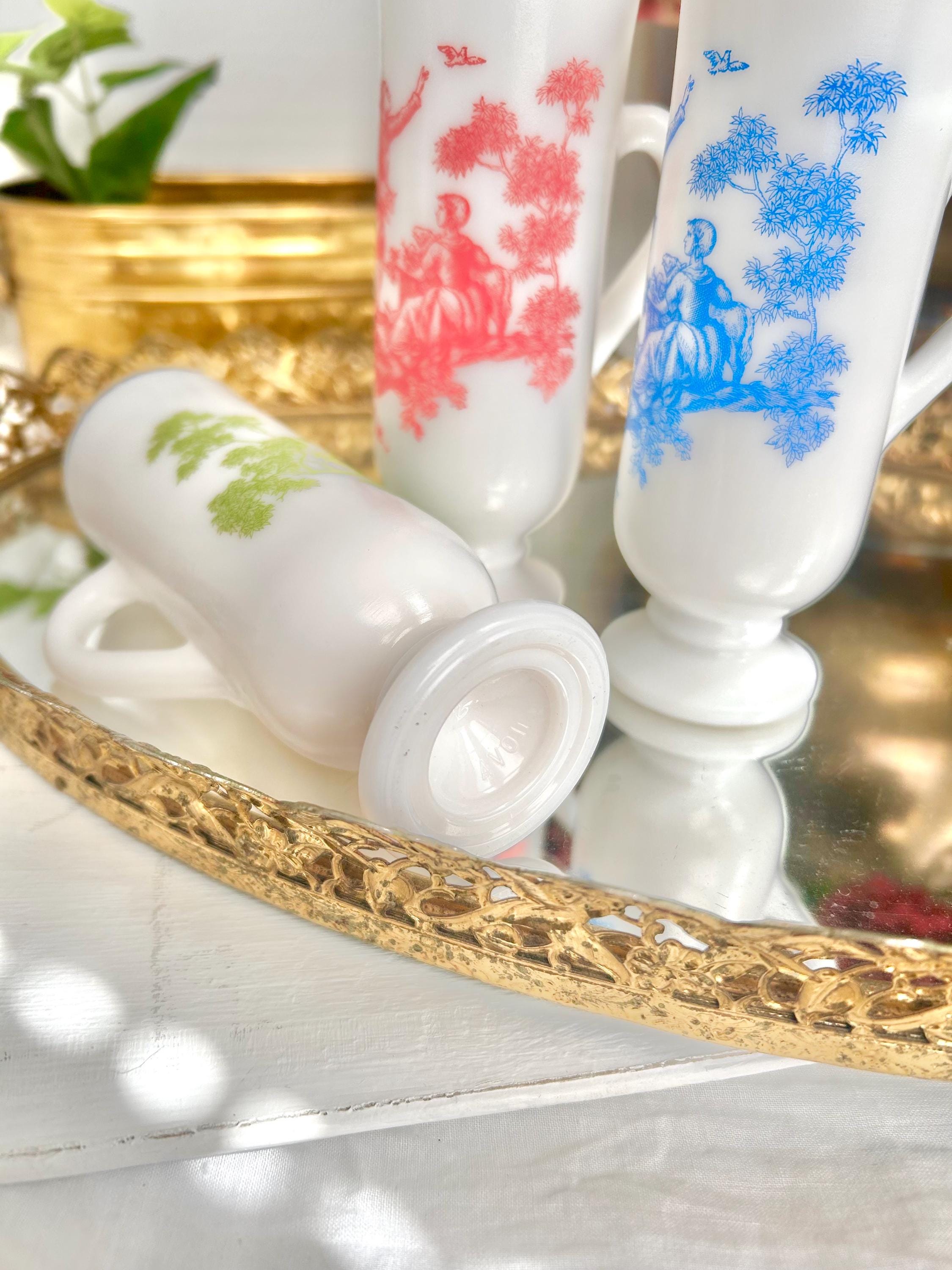 Vintage AVON Milk Glass Demitasse Cups with Colonial Toile
