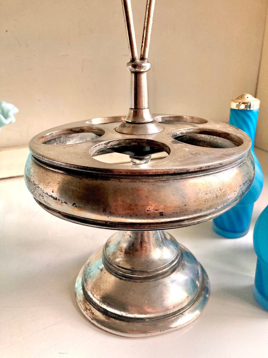 Antique Meriden Silver Plated Cruet Caddy: Sky-Blue Swirl Glass Bottles