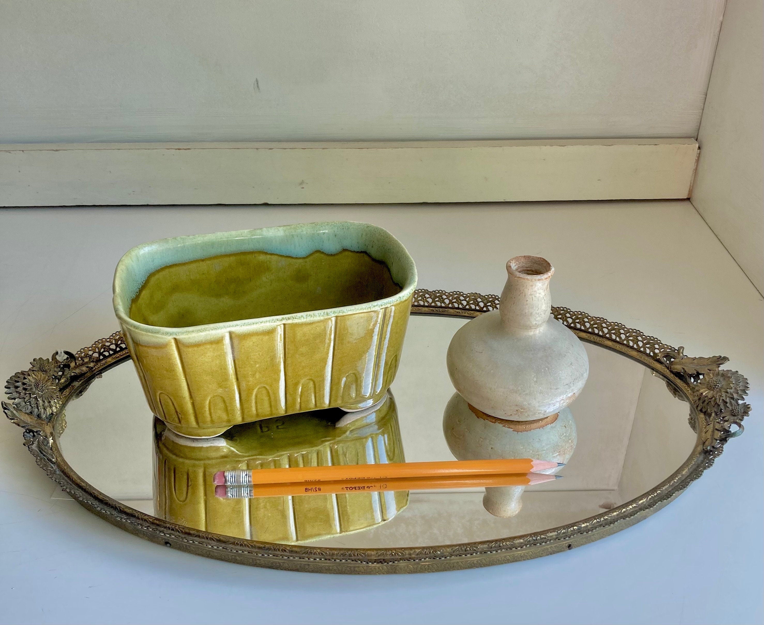 Mid Century Modern Hand Made Ceramics - Drip Glaze Olive Green Planter