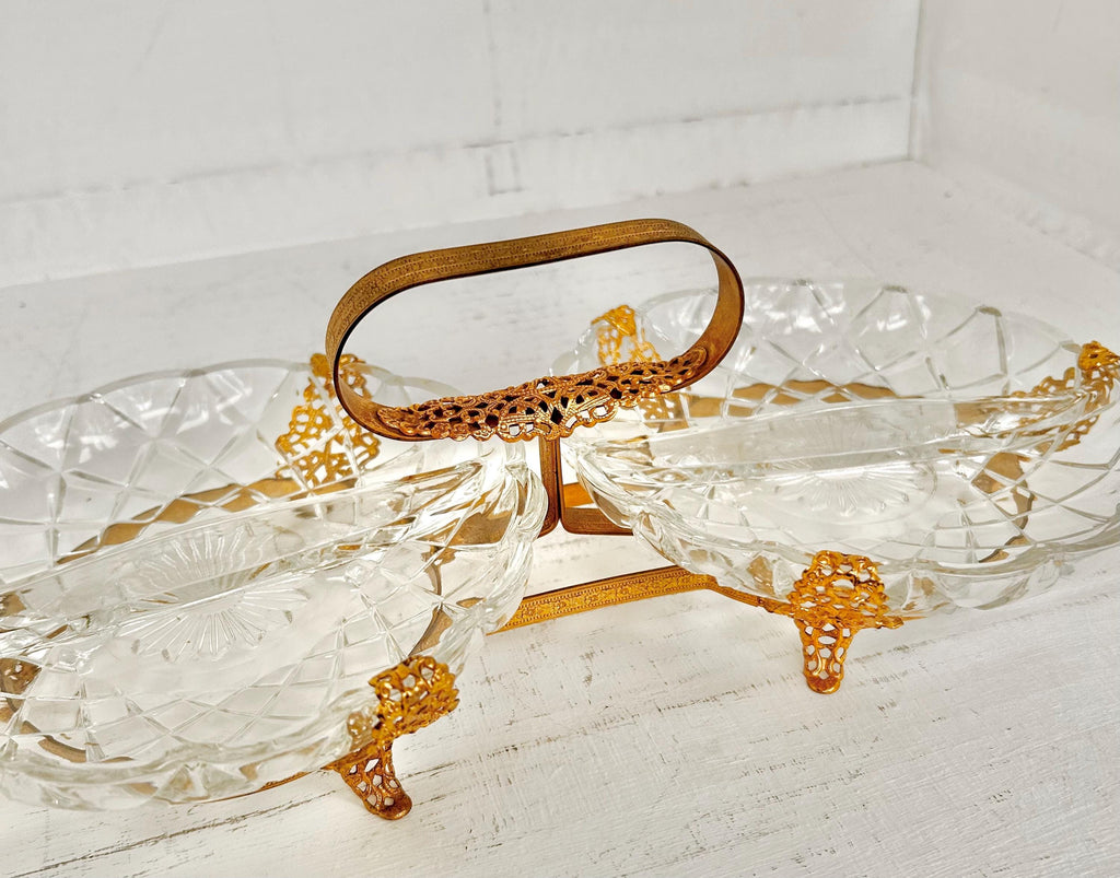 Vintage Gilt Metal & Glass Serving Caddy: Ormolu Double Dish with Handle