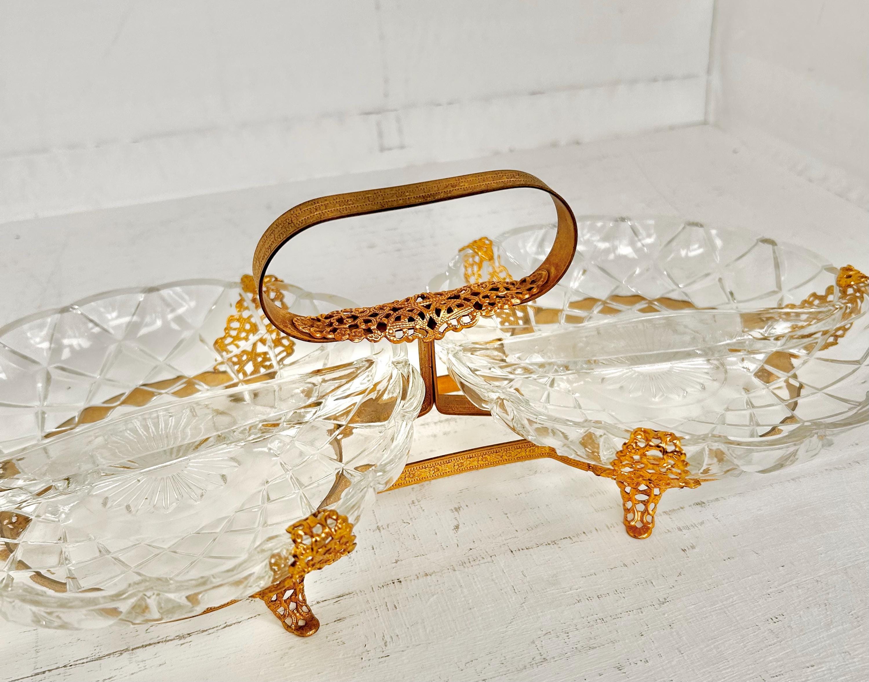 Vintage Gilt Metal & Glass Serving Caddy: Ormolu Double Dish with Handle