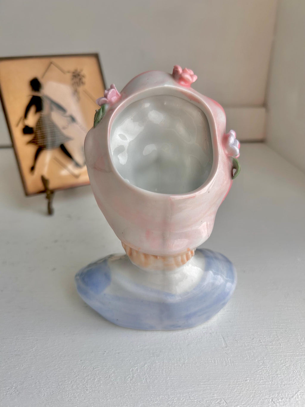Vintage Lady Head Vase: Floral Pink Hat, Blonde Hair Ceramic Planter