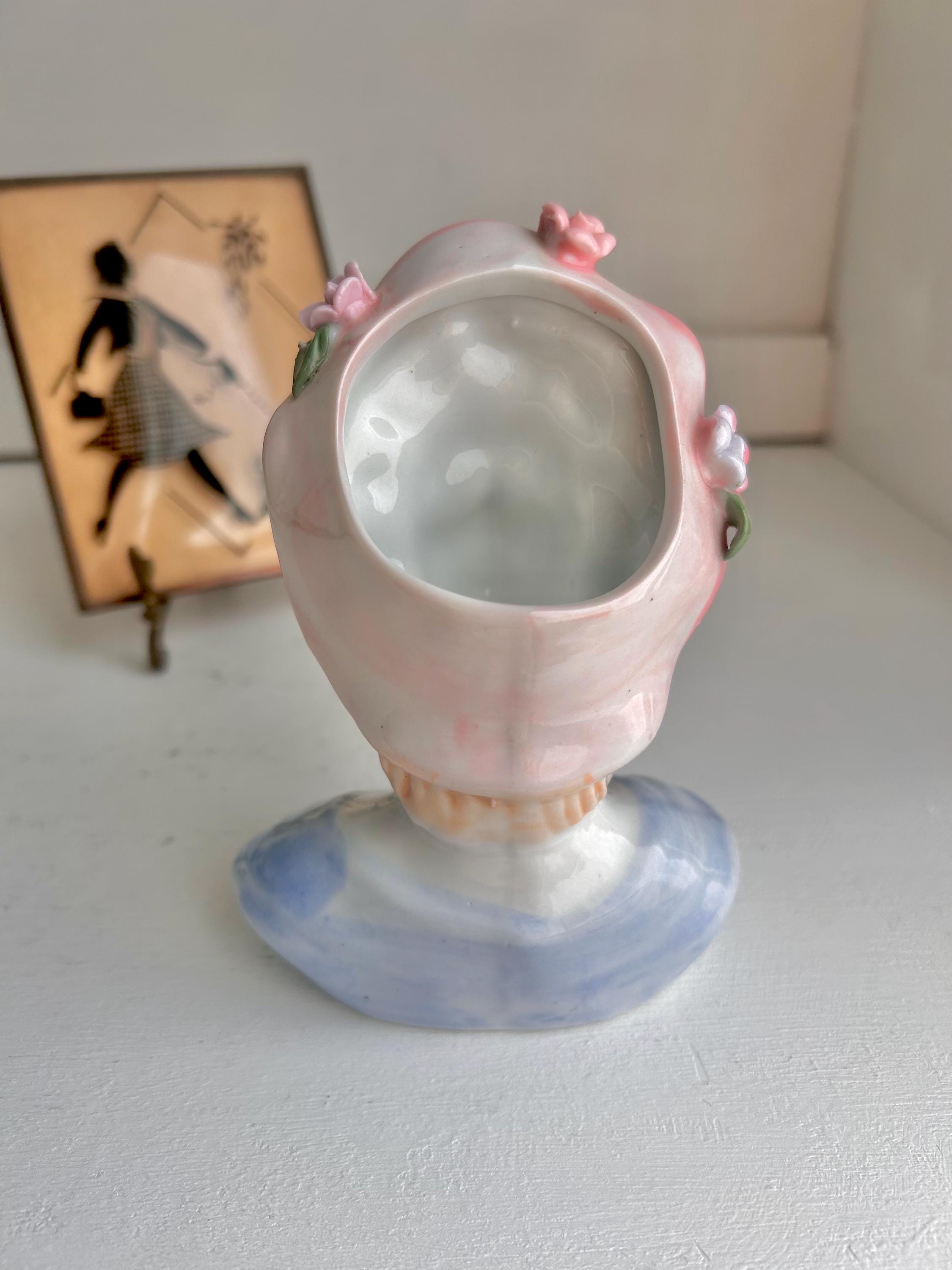 Vintage Lady Head Vase: Floral Pink Hat, Blonde Hair Ceramic Planter