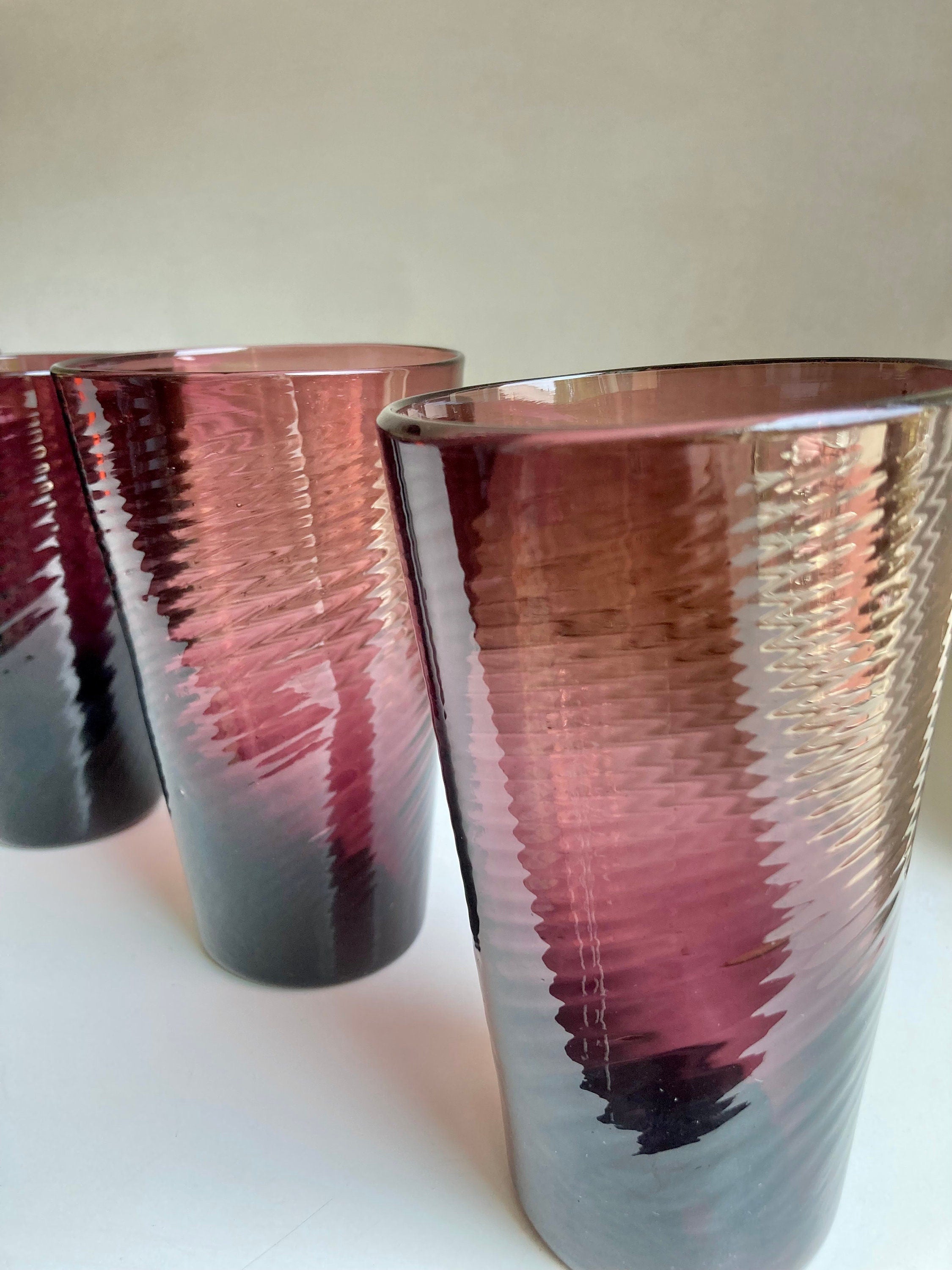 Vintage Hand Blown Amethyst Swirl Glass Tumblers - Set of 4