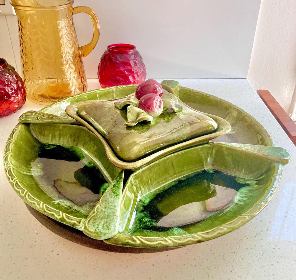 Vintage Wade Calif. Ceramics Party Platter: Apple Lidded Bowl Lazy Susan