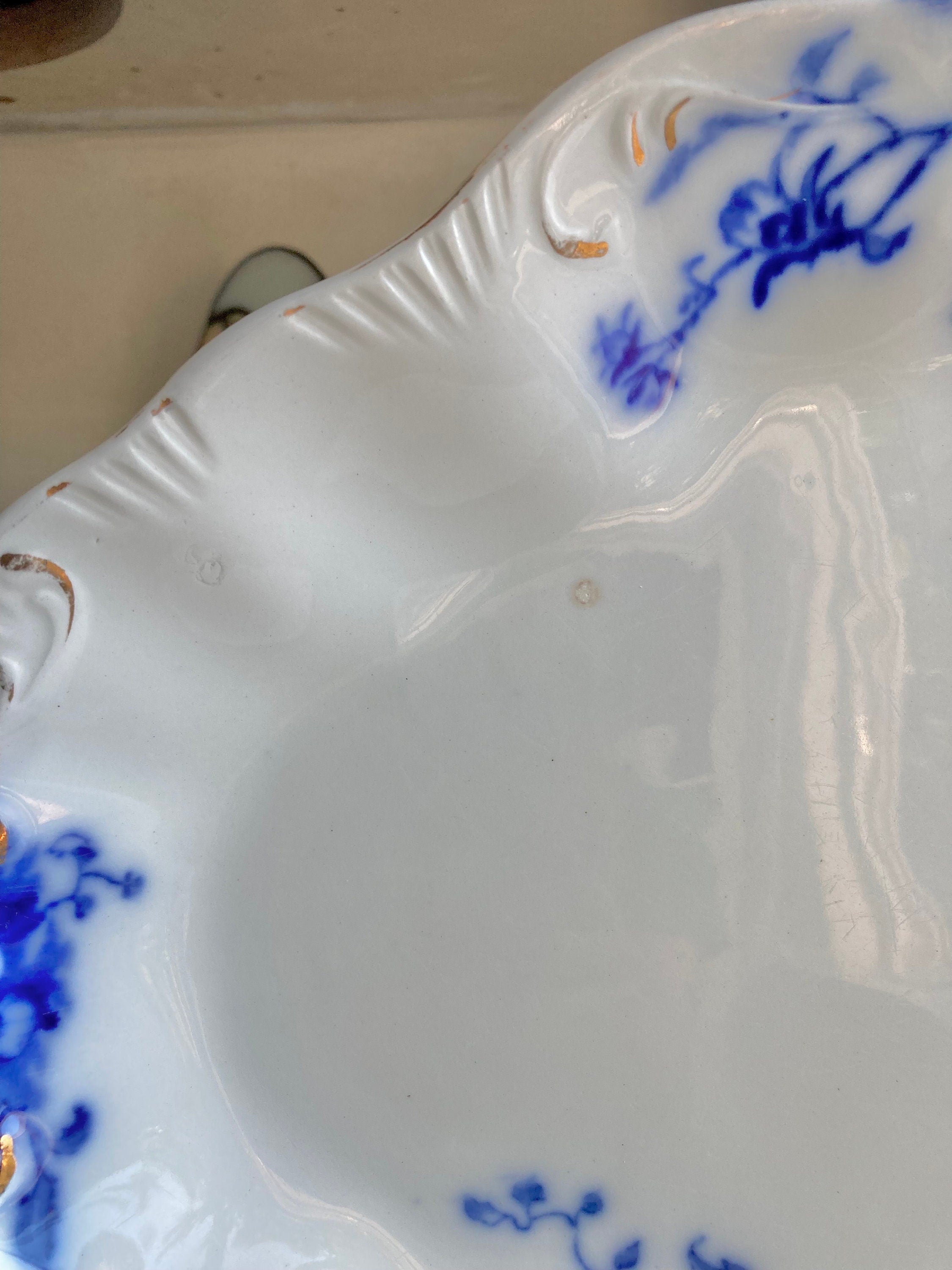 Antique Grindley Flow Blue Platter: 16" Floral Foliage, Gilding