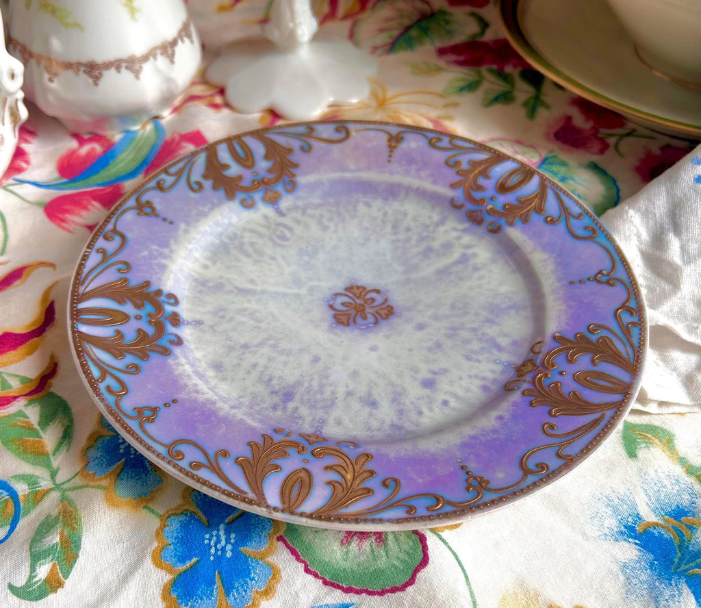 Vintage Purple Lusterware Plate: Gold Filigree Trim, RS Japan