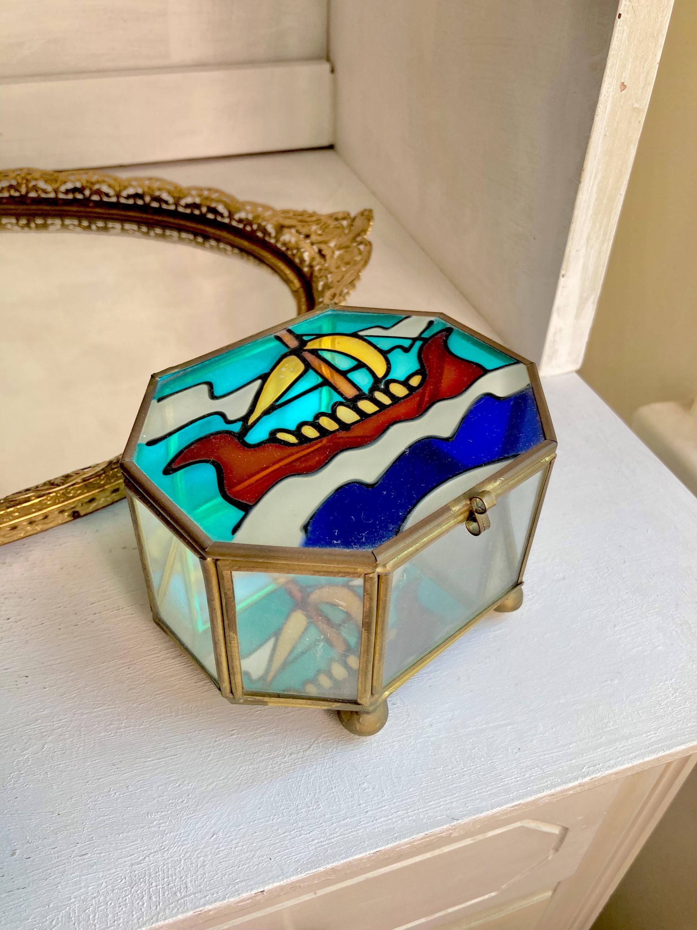 Vintage Nautical Stained Glass and Brass Jewelry Box