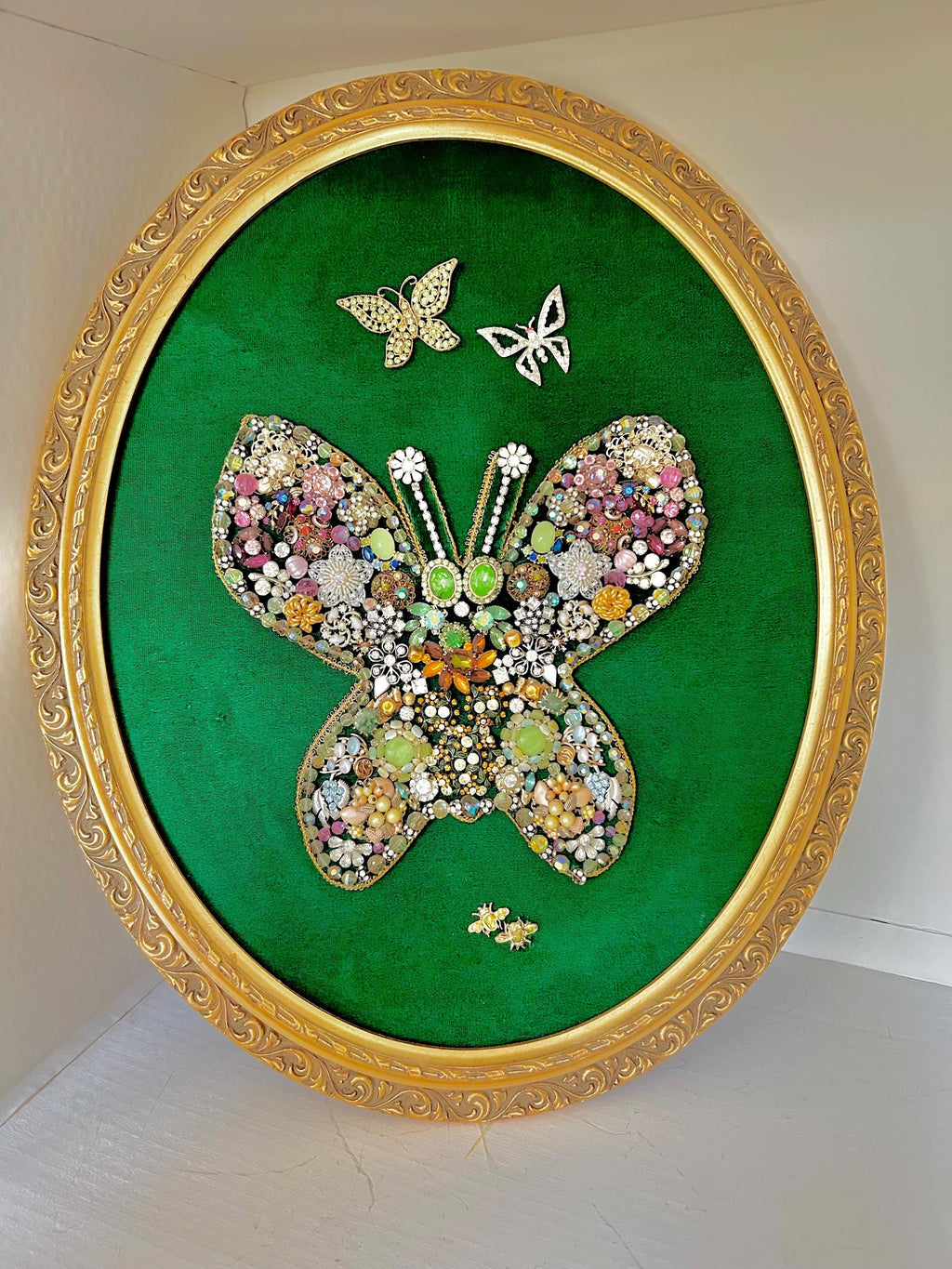 Vintage Kitsch Butterfly Art: Velvet, Baubles & Rhinestones in Ornate Gold Frame