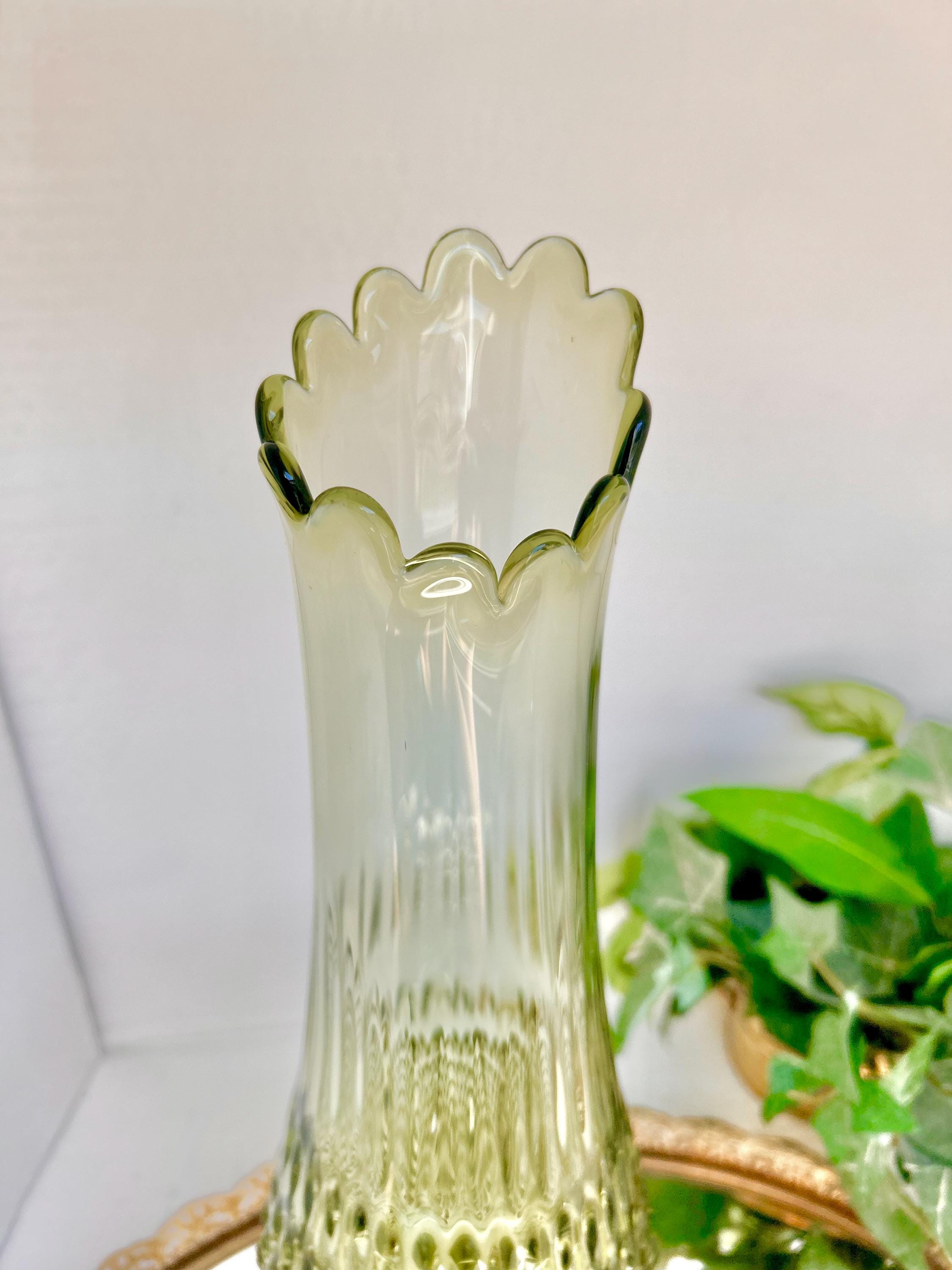 Mid-Century Fenton 17 inch Glass Swung Vase: Avocado Green Hobnail, 1960s