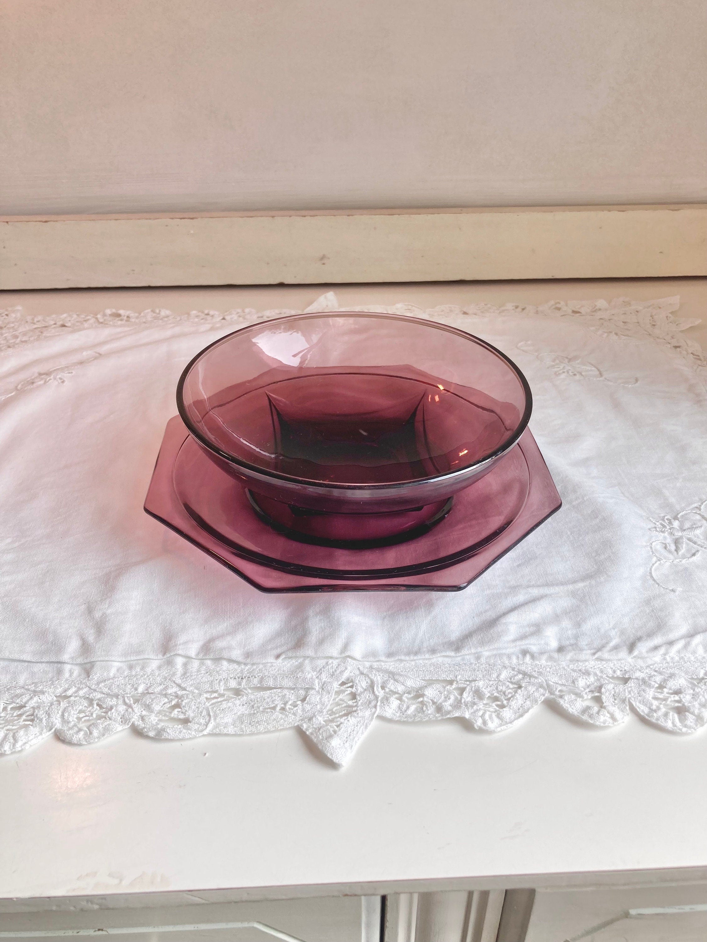 Vintage Hazel Atlas Moroccan Amethyst square-base bowl and octagon plate set