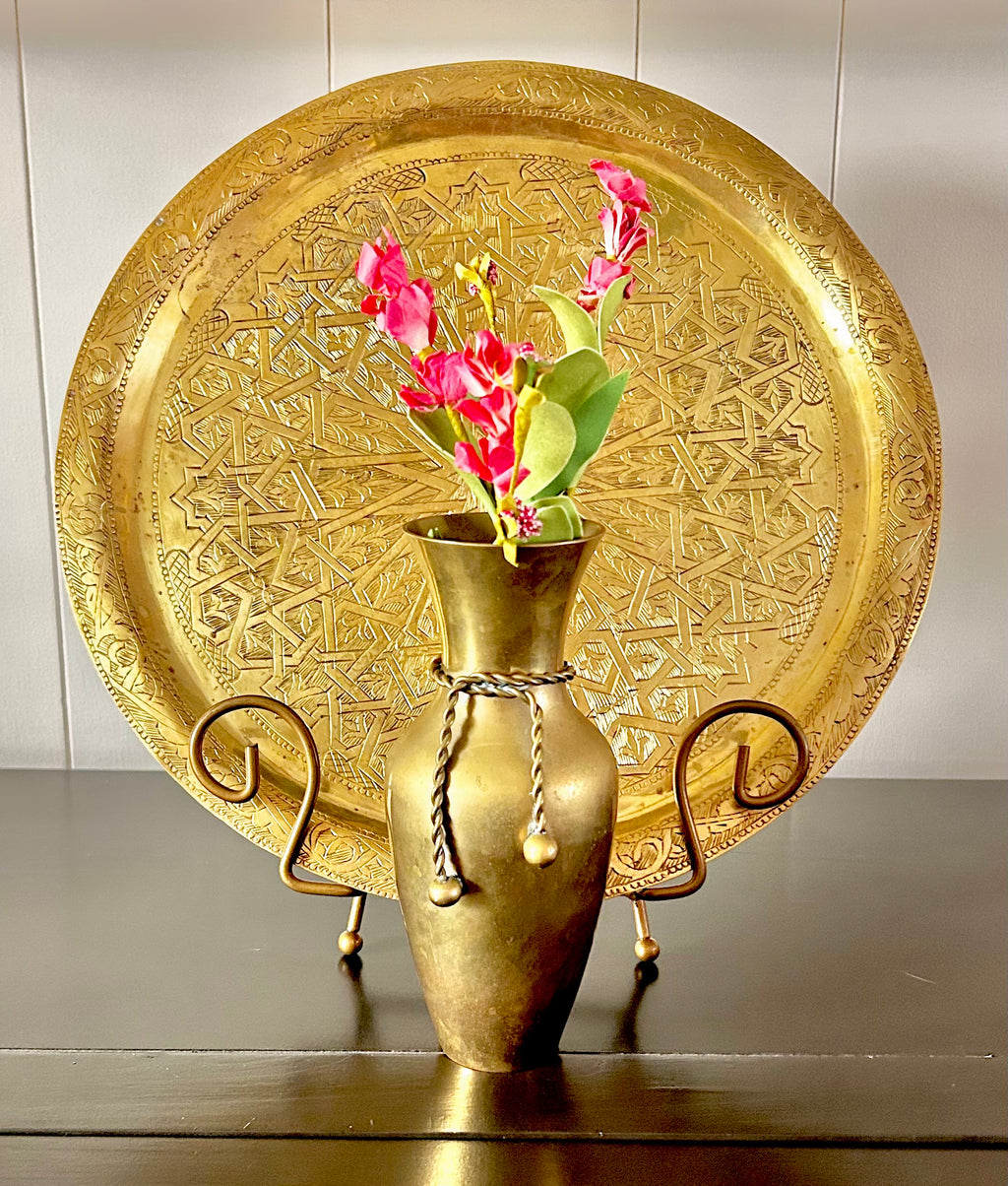 Vintage Solid Brass Round Tray with Moroccan Motif