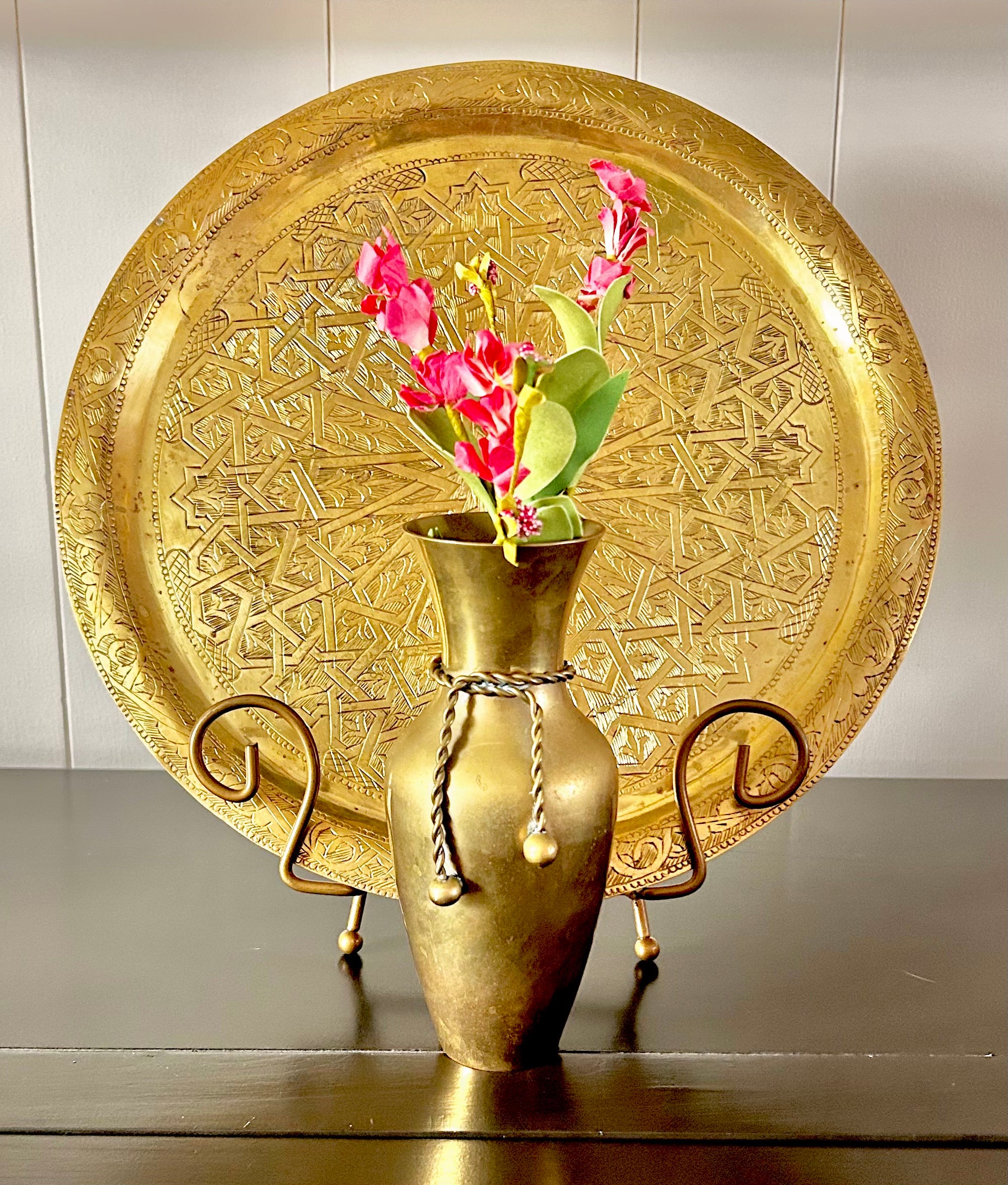 Vintage Solid Brass Round Tray with Moroccan Motif