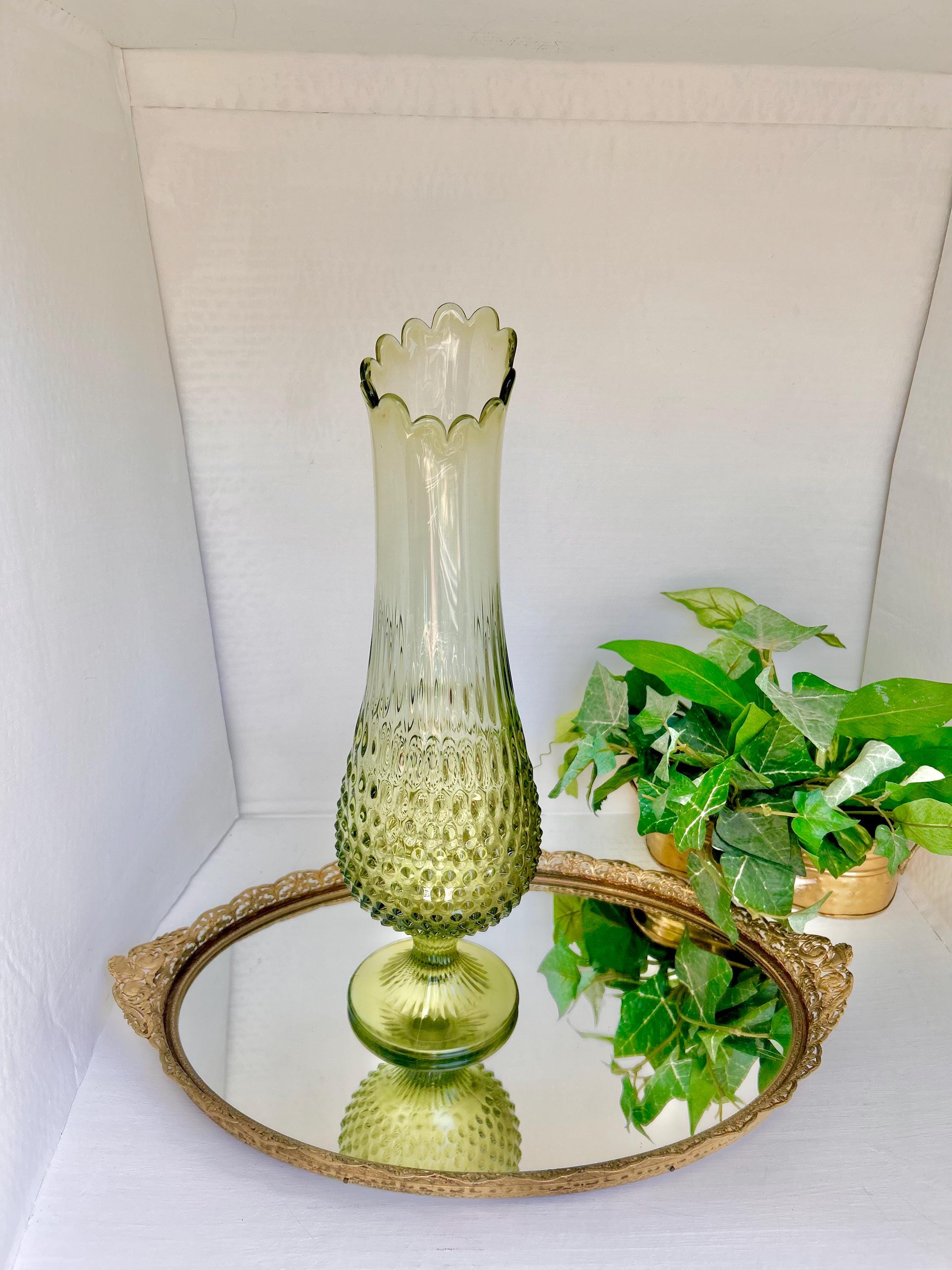 Mid-Century Fenton 17 inch Glass Swung Vase: Avocado Green Hobnail, 1960s