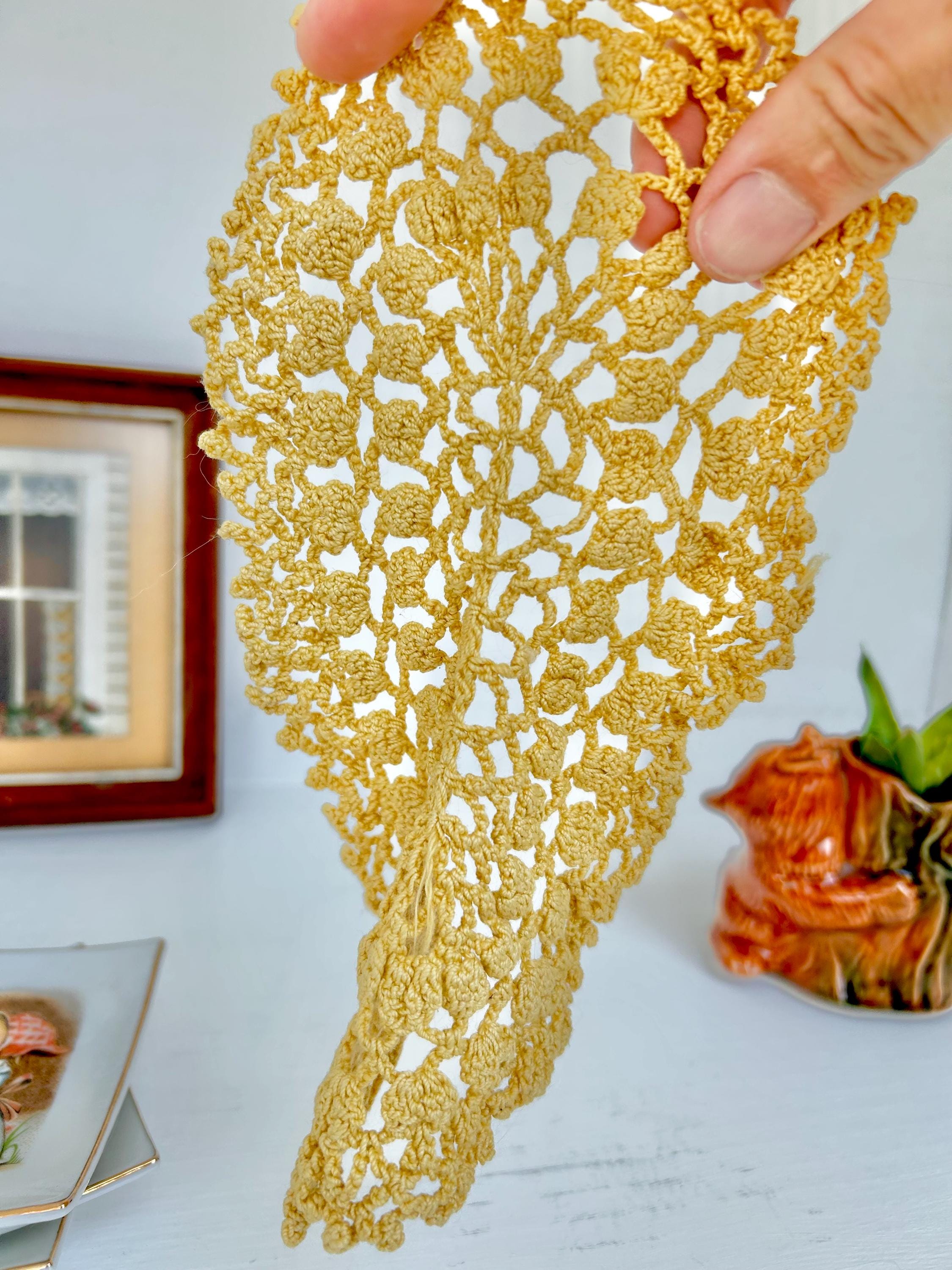 Sweet Little Vintage Crocheted Gold Colored Oblong Doily