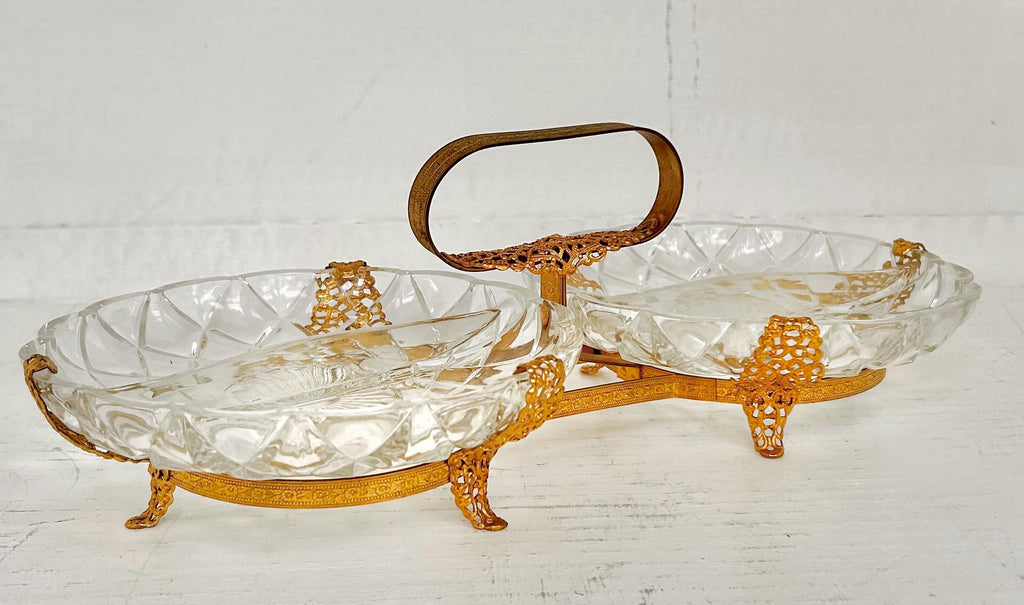 Vintage Gilt Metal & Glass Serving Caddy: Ormolu Double Dish with Handle