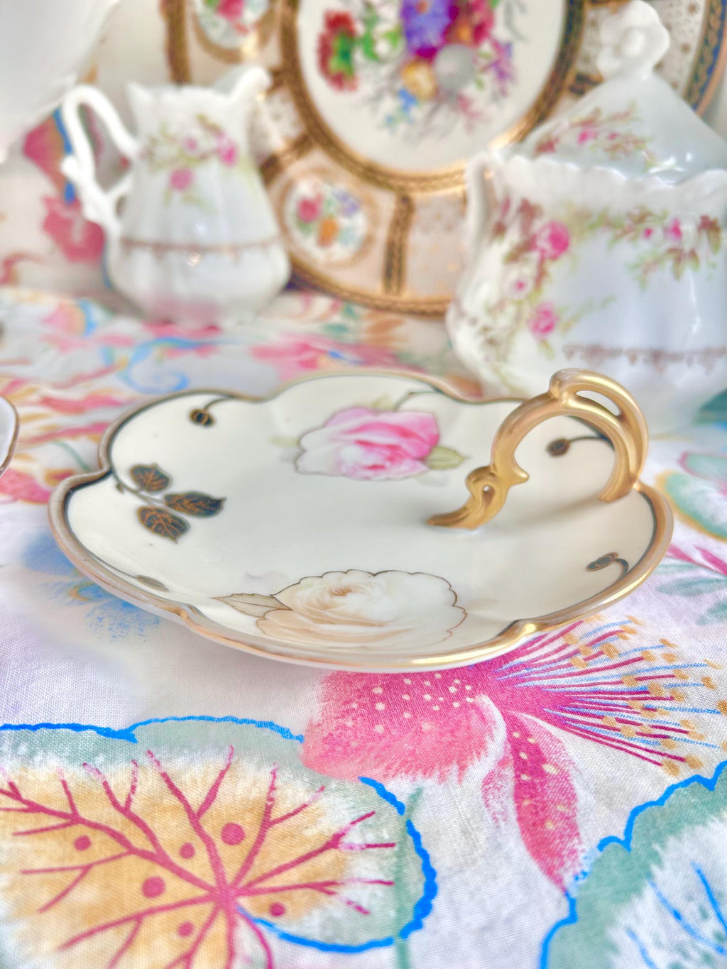 Vintage Bavaria Porcelain Finger Loop Plate: Floral Rose Serving Dish