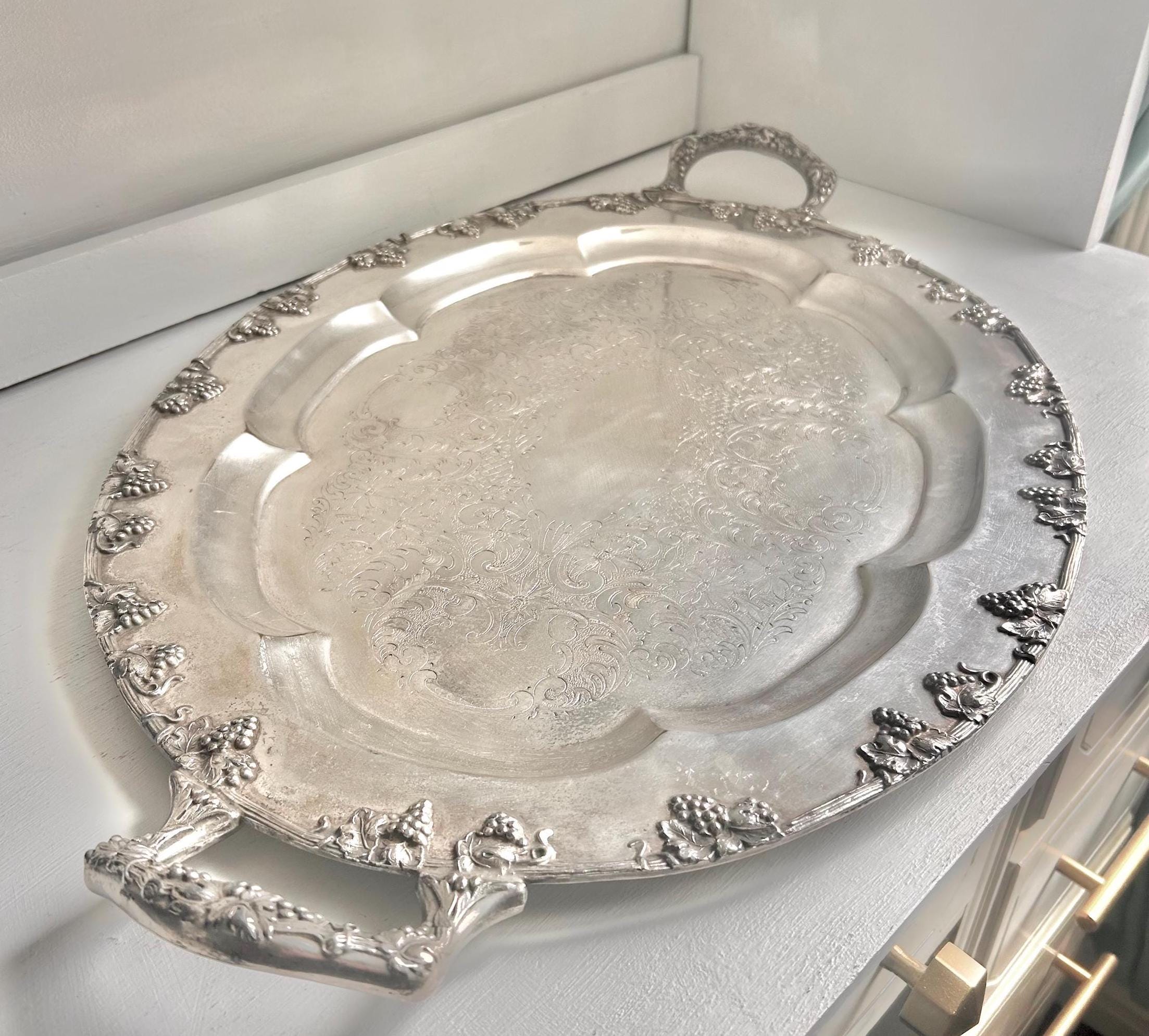Vintage Silverplated Tray: Copper Core, Grapevine Rim, 24-inch