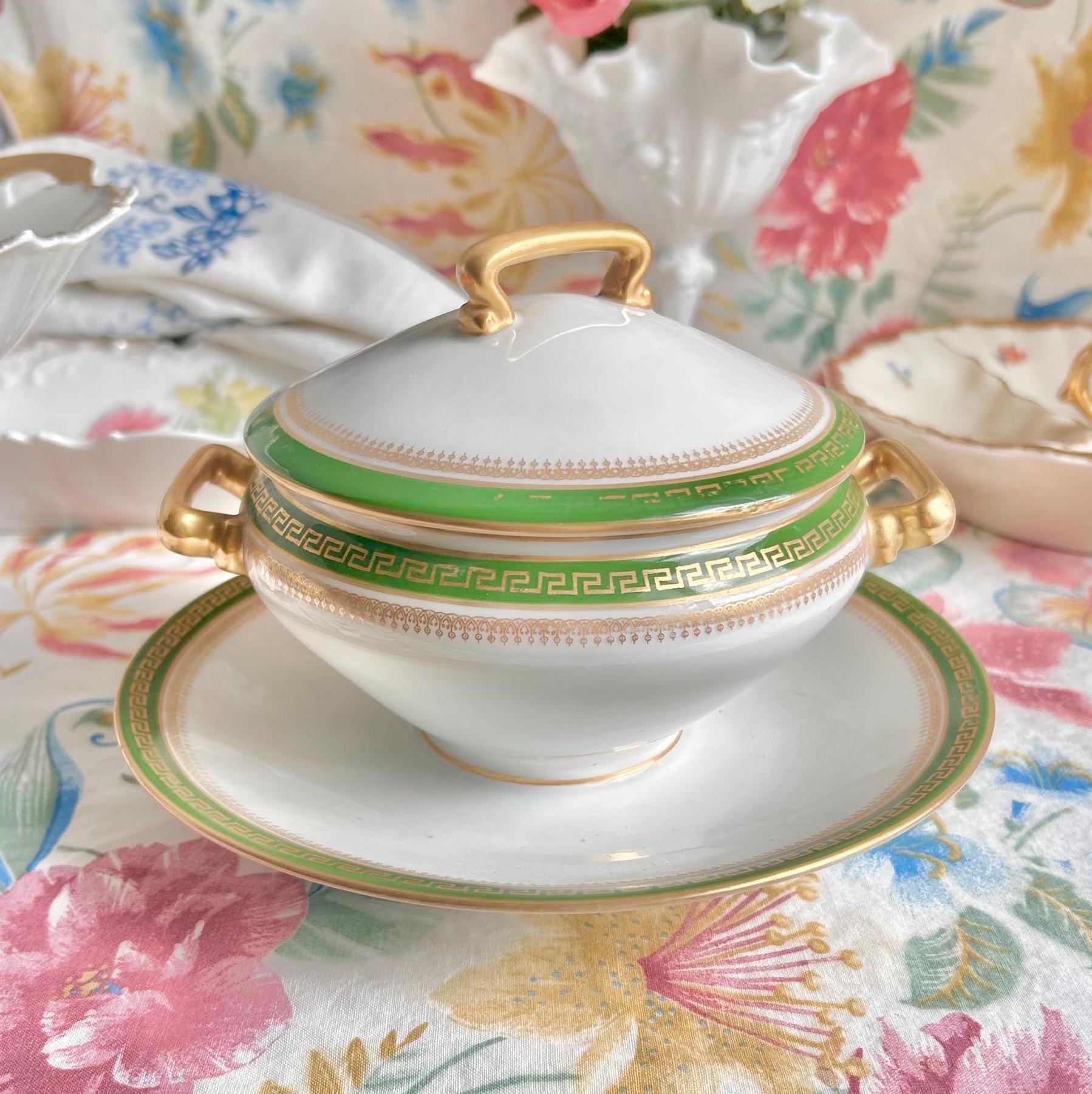 Vintage Porcelain LIMOGES Lidded Tureen with Olive Green and Gold Trim, Gold Handles
