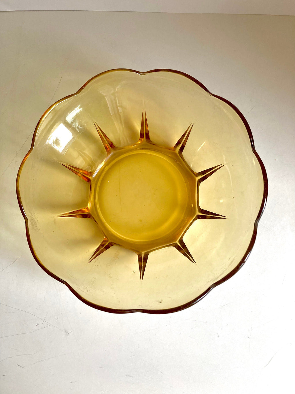 MCM Amber Glass Flower Bowl: Anchor Hocking Scalloped Bowl, 1960s Vintage
