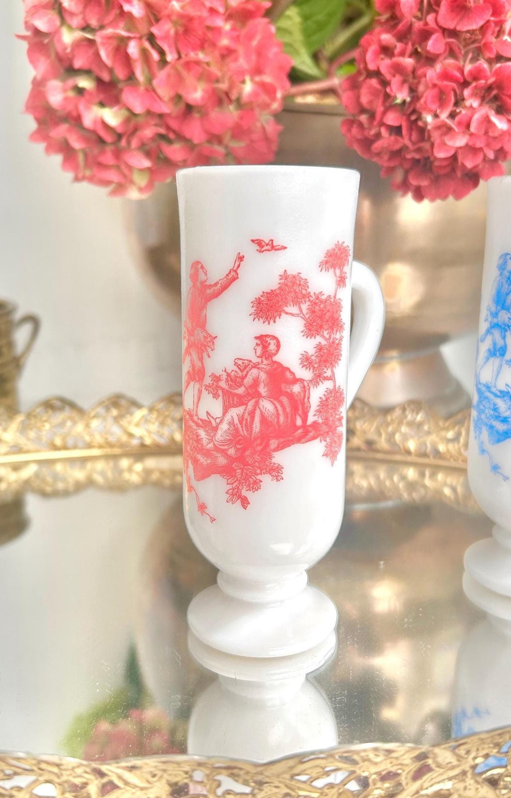 Vintage AVON Milk Glass Demitasse Cups with Colonial Toile