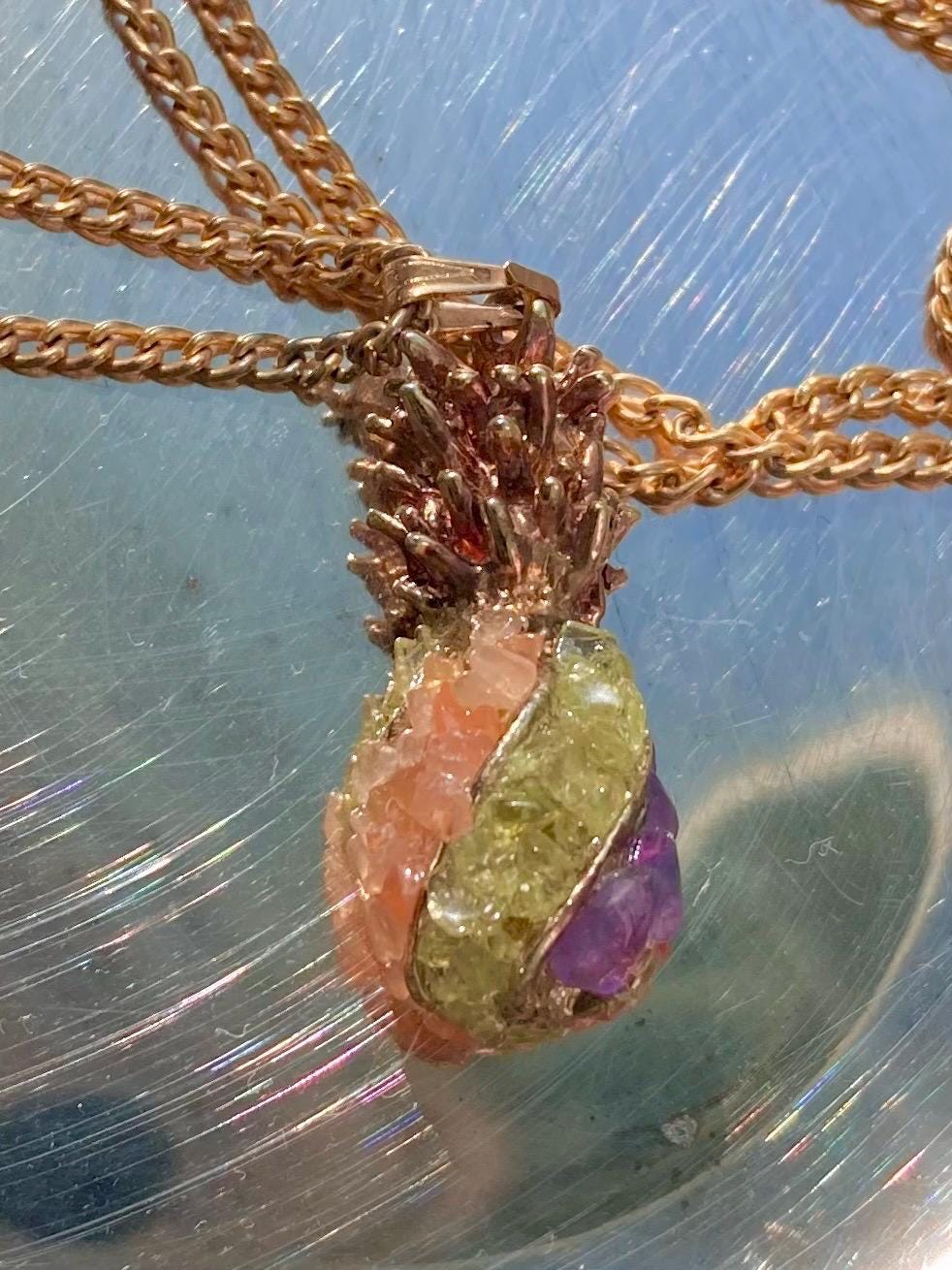 Vintage Semi-precious Stone Encrusted Pineapple Gold-tone Pendant on Long 24-inch gold-tone Chain